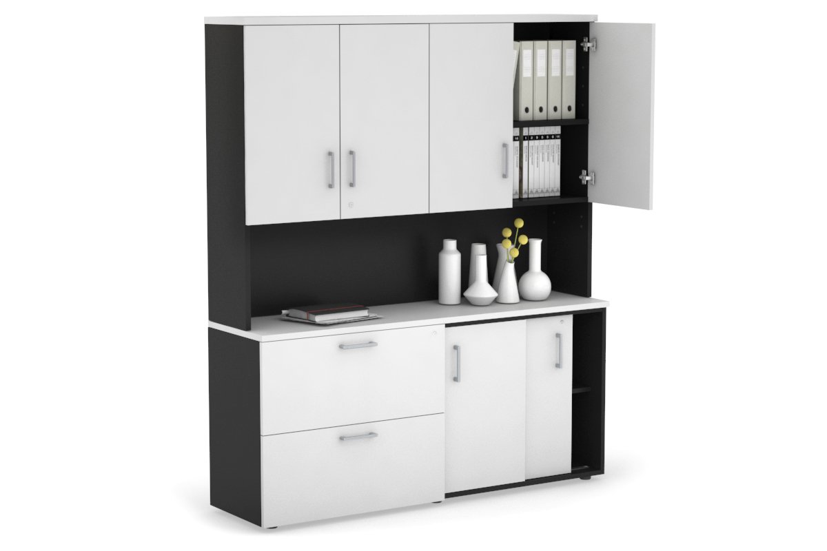 2-Door Sliding Credenza with 2-Drawer Lateral File Cabinet & Hutch - Modern Office Storage Solution for Home or Business Workspaces