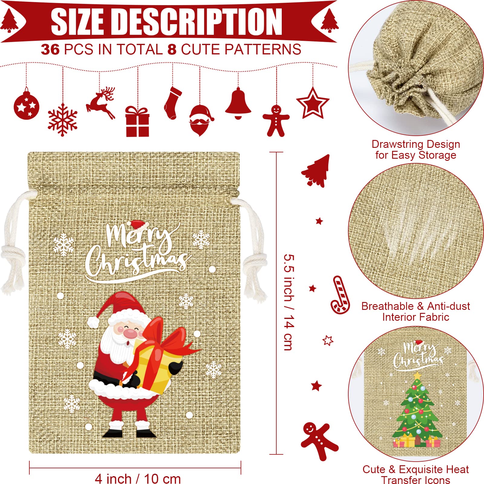 36Pcs Christmas Burlap Drawstring Gift Bags - Small Jute Xmas Candy Bags, Linen Treat Sacks for Holiday Party Favors, Reusable Gift Wrapping - Perfect for Christmas Gifts, Candy Treats, Party Favors & Holiday Decorations