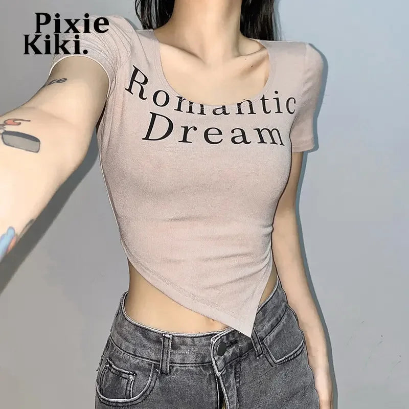 Women's Asymmetrical Crop Tops with Letter Print - Trendy Graphic Tees for Streetwear | 2023 Spring Summer Fashion | Perfect for Casual Outings, Music Festivals & Daily Wear