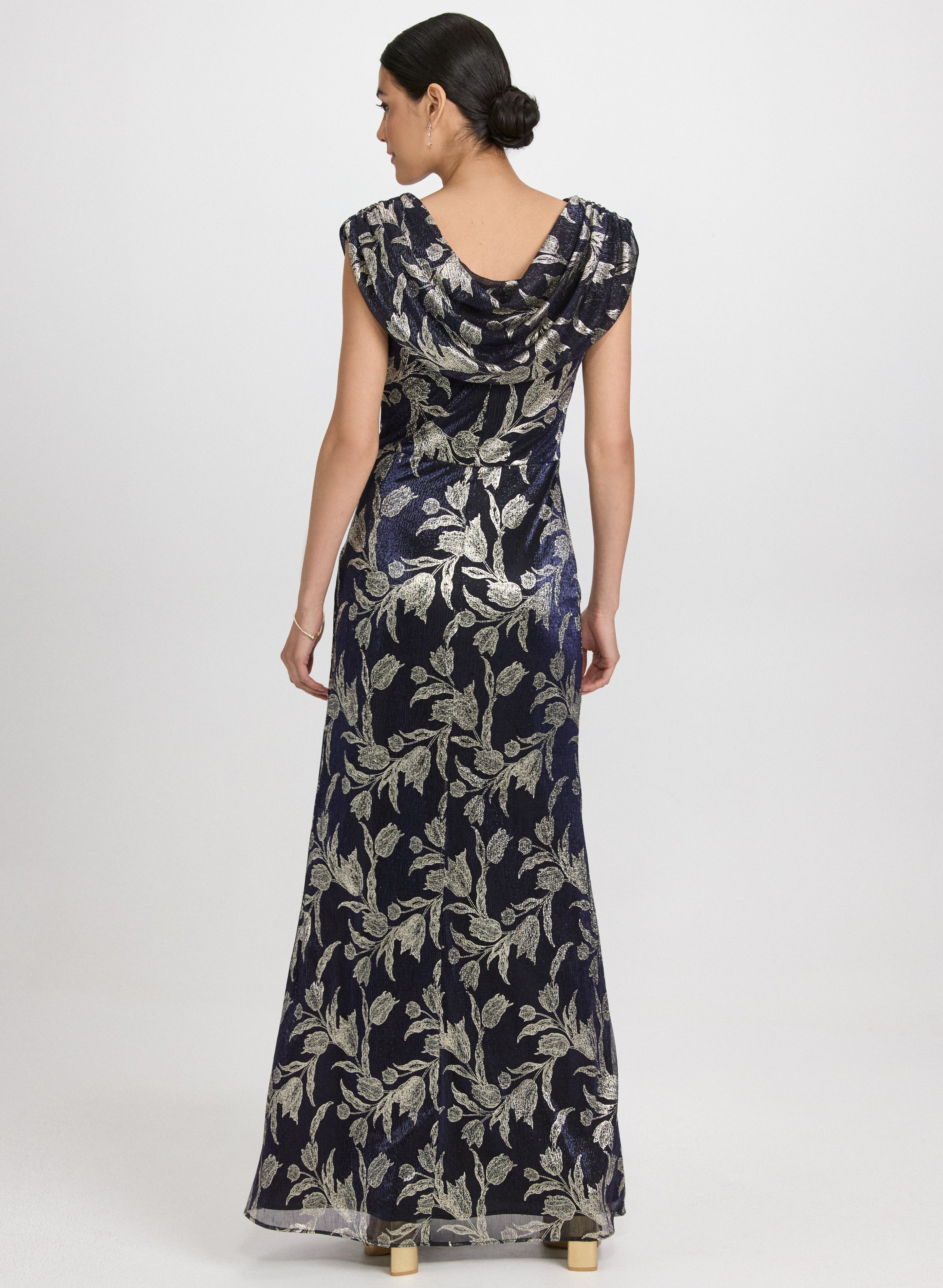 Floral Cowl Neck Dress for Women - Elegant Long Sleeve Flowy Midi Dress for Party, Wedding & Special Occasions