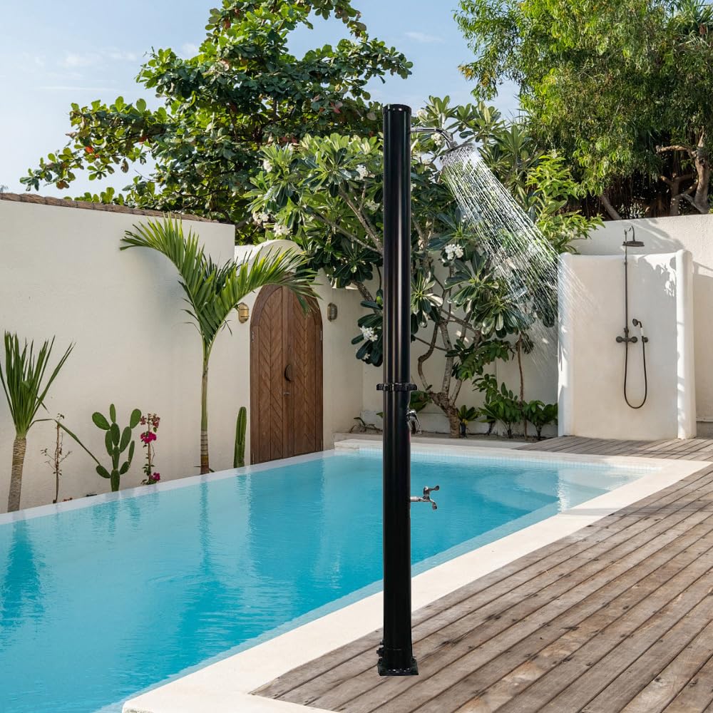5.3 Gallon Solar Heated Outdoor Shower | Portable 2-Section Camping Shower with Adjustable Shower Head & Foot Tap | Perfect for Poolside, Backyard, Beach, Garden & Spa Use | Black