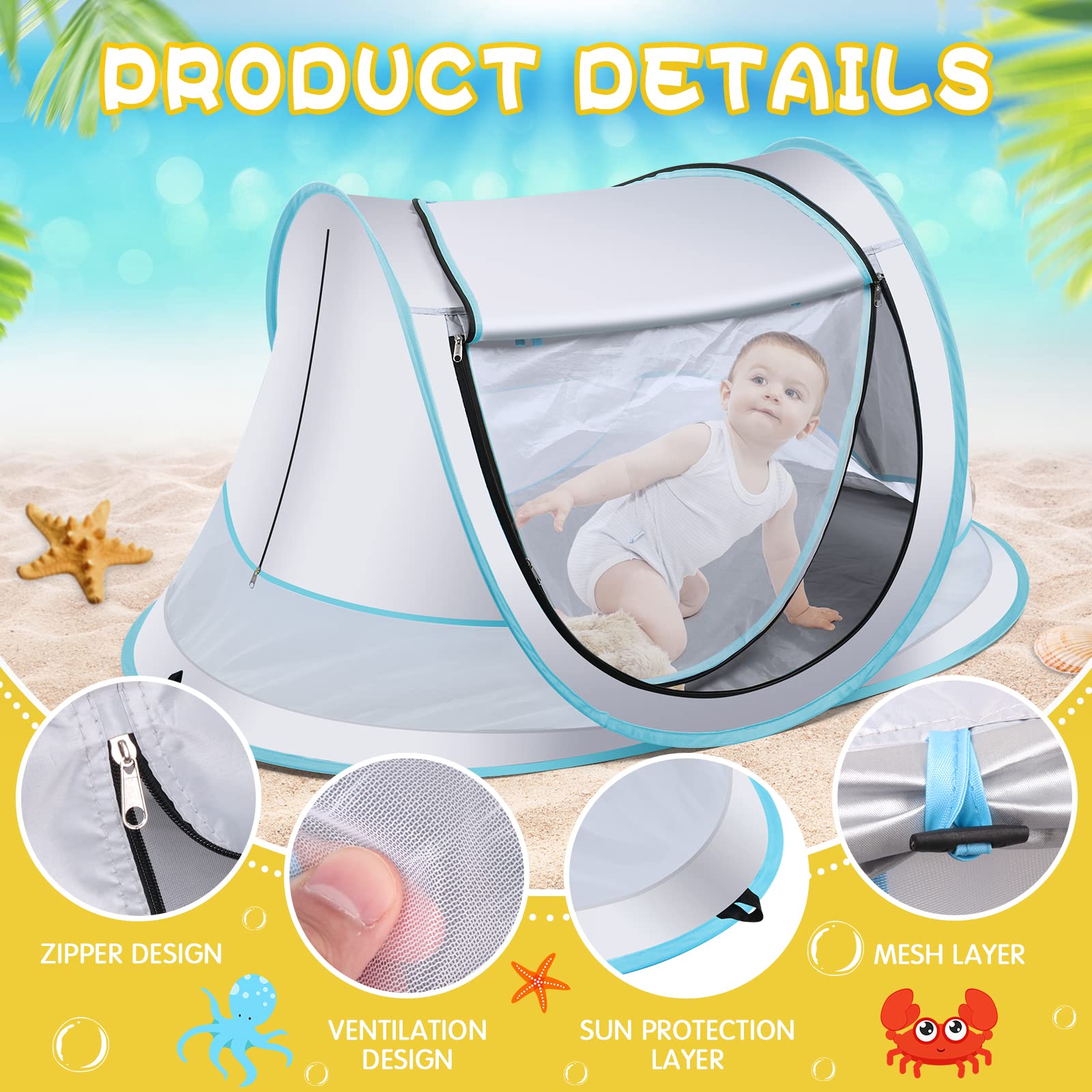 Baby Beach Tent with UPF 50+ UV Protection - Large Pop Up Sun Shade Shelter for Infants, Portable Travel Tent with Mosquito Net - Perfect for Outdoor Beach Trips, Park Playdates & Indoor Baby Play Areas