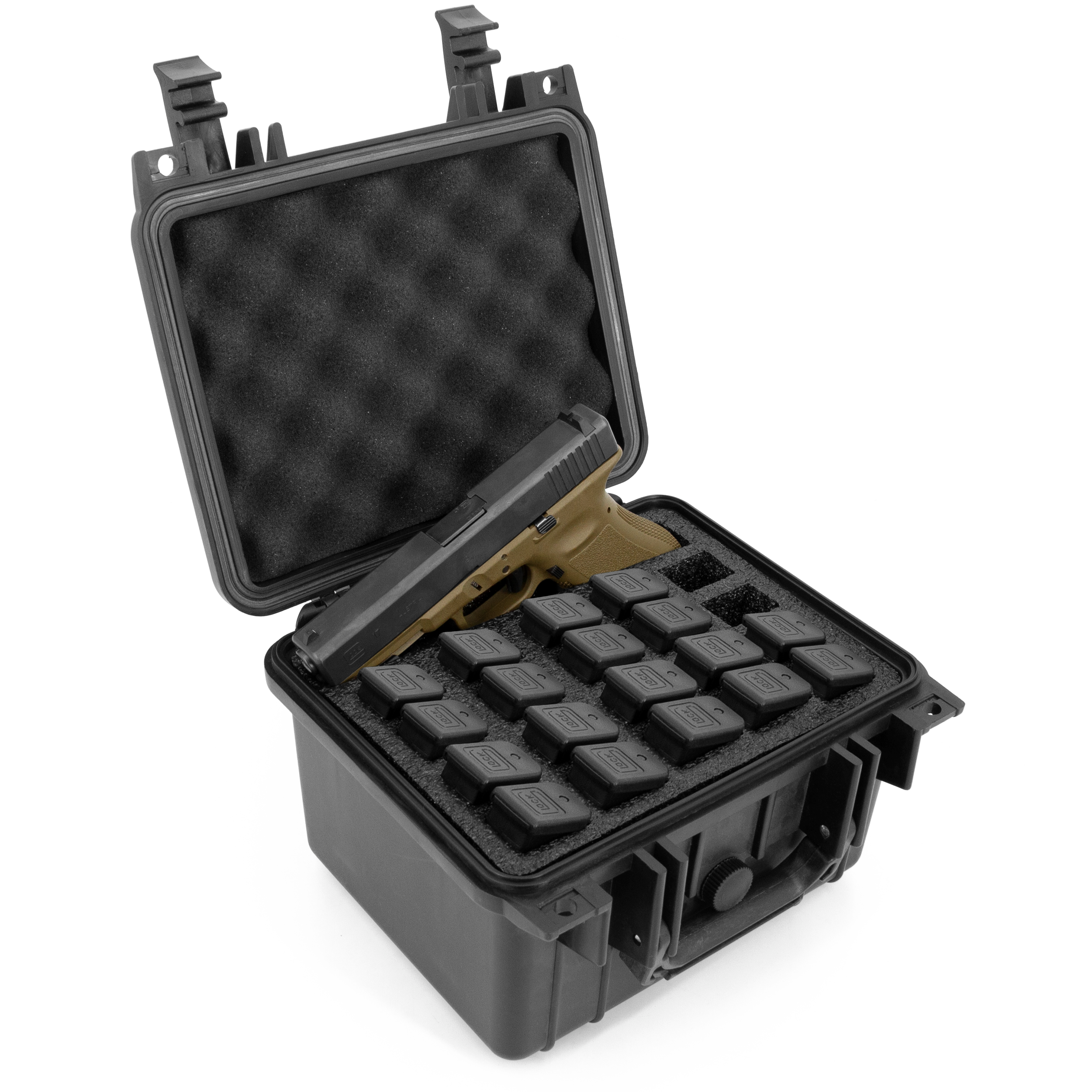 CASEMATIX 25 Pistol Magazine Storage Case - Waterproof Gun Magazine Holder for 25 9mm Magazines or 20 Mags + 1 Pistol | Durable Protective Case for Range, Travel & Secure Storage