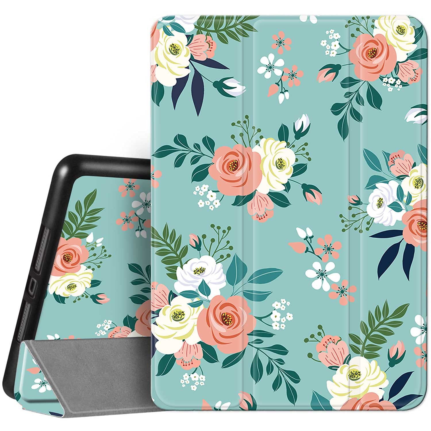 HiSpace iPad Case for 9th/8th/7th Generation 10.2-inch (2021/2020/2019 Models A2270 A2428 A2429 A2197) - Rose Flower & Green Teal Floral Design with Pencil Holder, Shockproof Protective Cover featuring Auto Sleep/Wake | Perfect for Work, School & Travel
