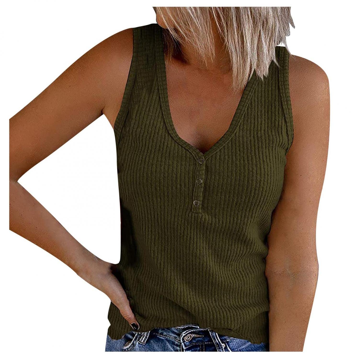 GUOBIOZIY Women's V Neck Tank Tops - Loose Fit Ribbed Henley Shirts with Cute Buttons | Casual Summer Tops for Beach, Vacation & Everyday Wear