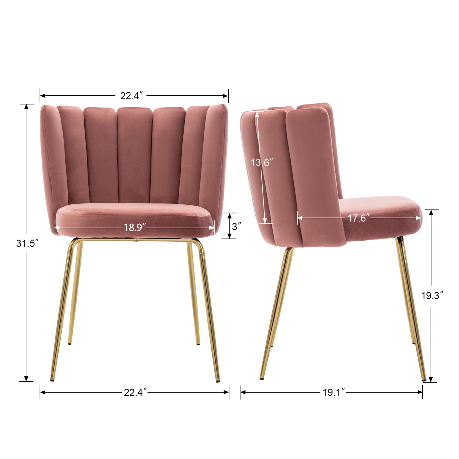 Luxury Velvet Dining Chairs Set of 2 - Modern Upholstered Accent Chairs with Curved Back & Gold Metal Legs for Living Room, Kitchen, Bedroom, Vanity | Comfy Pink Seating for Home Decor & Entertaining