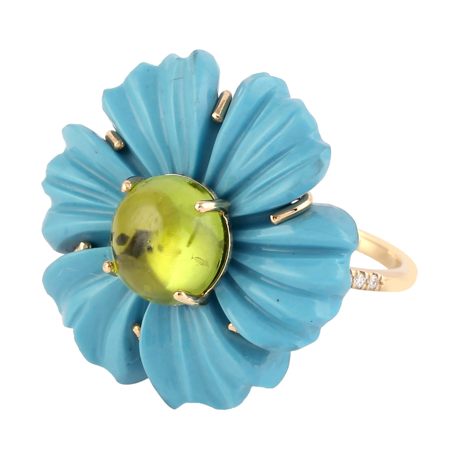 18K Yellow Gold Flower Ring with Carved Turquoise & Round Peridot Pave Diamonds | Elegant Jewelry for Weddings, Anniversaries & Special Occasions