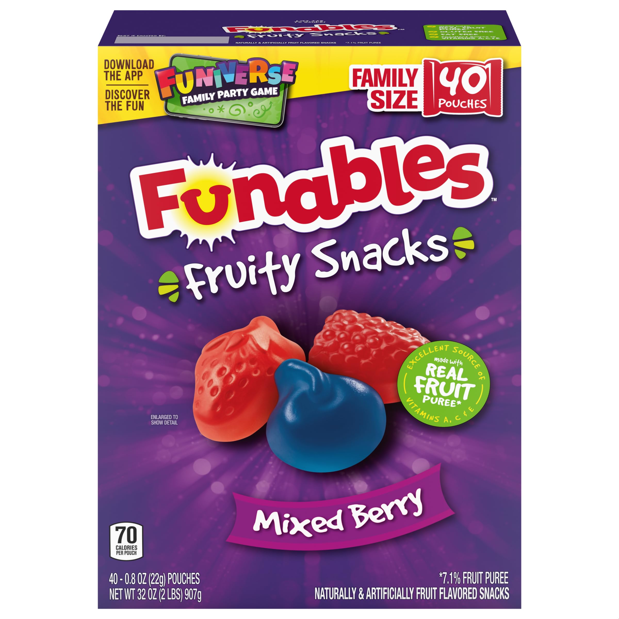 Funables Mixed Berry Flavored Fruit Snacks - 40 Count (32 oz) | Healthy Kids Snacks for Lunch Boxes, School, Travel & On-the-Go