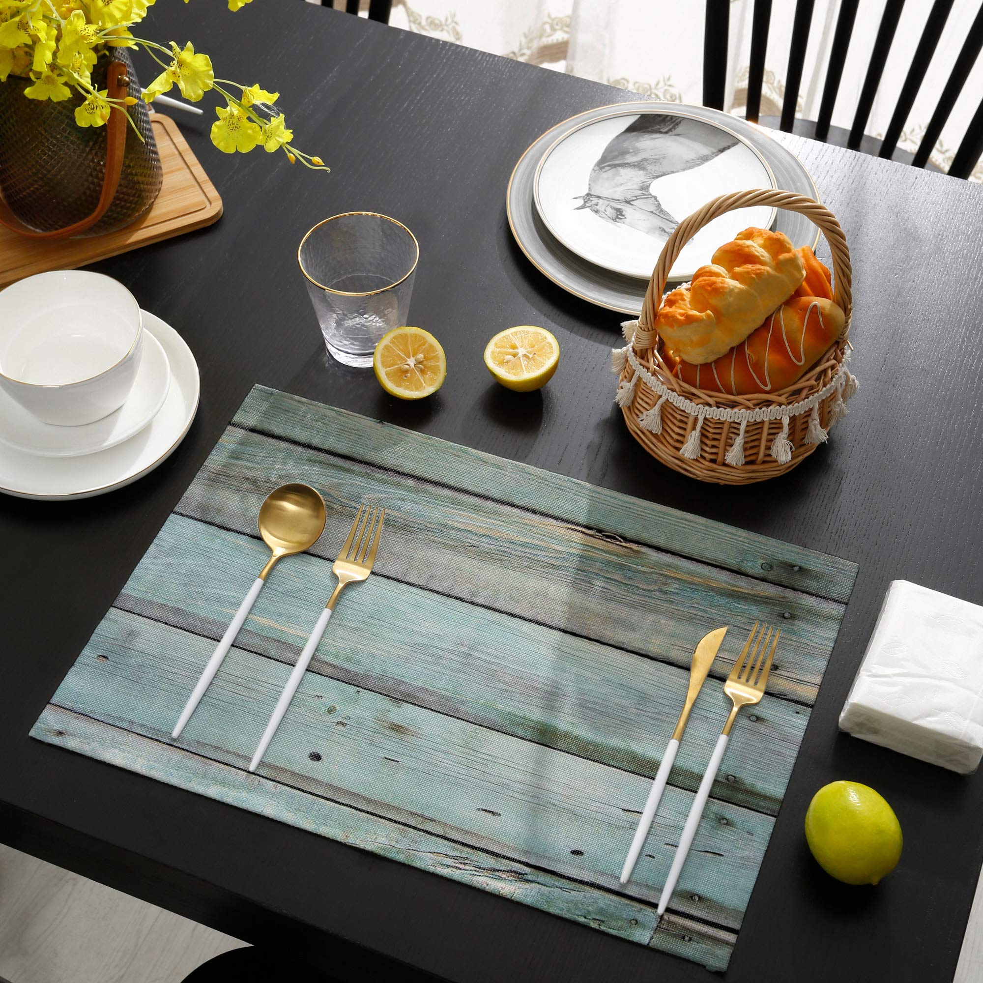 Vintage Wooden Plank Placemats Set of 4 - Washable Cotton Linen Table Mats for Dining & Kitchen - Heat-Resistant, Non-Slip Coasters (13