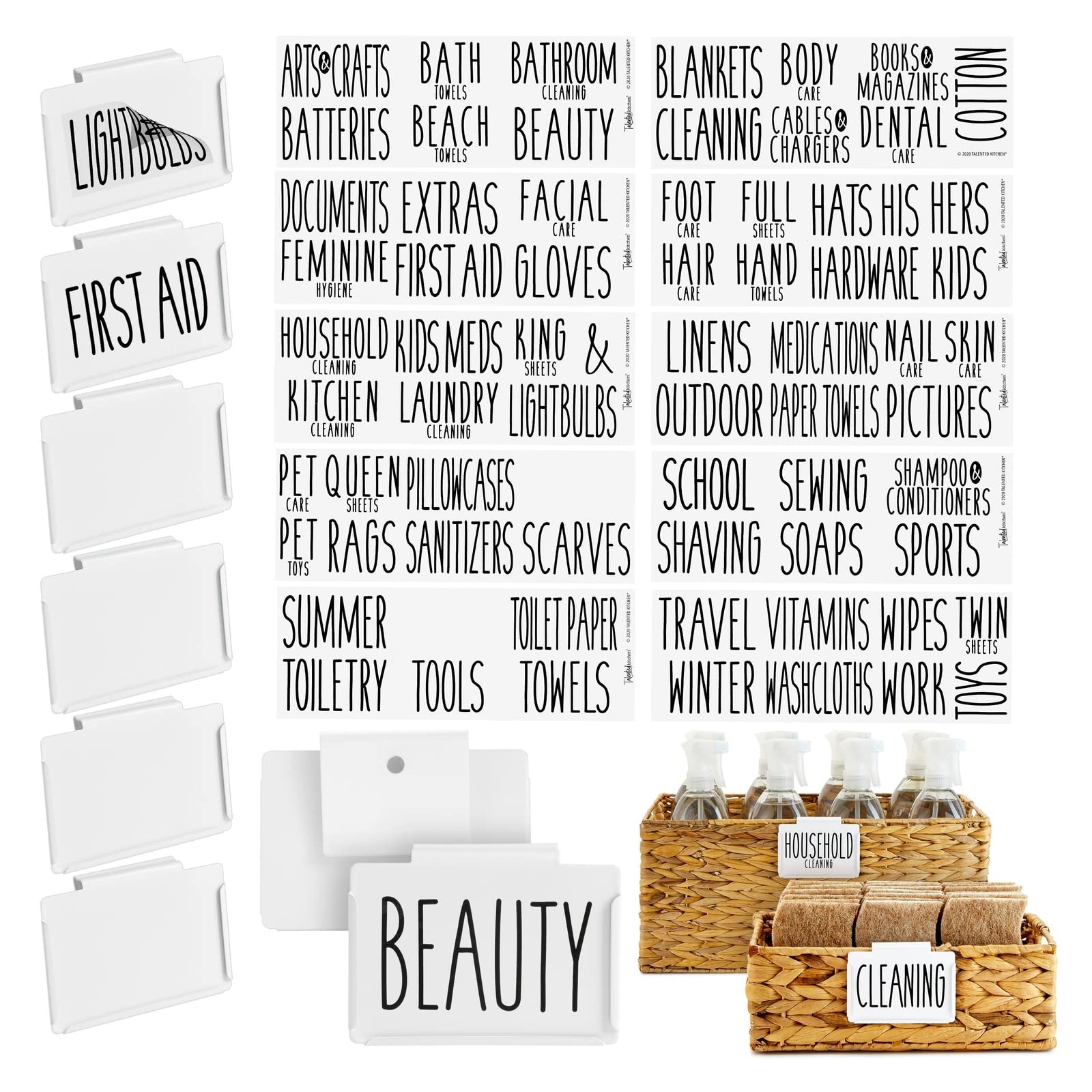 **8 Pack Metal Basket Label Clips with 70 Household Labels - Organize Storage Bins, Bathroom & Linen Closet - White - Perfect for Home, Office & Pantry Organization**