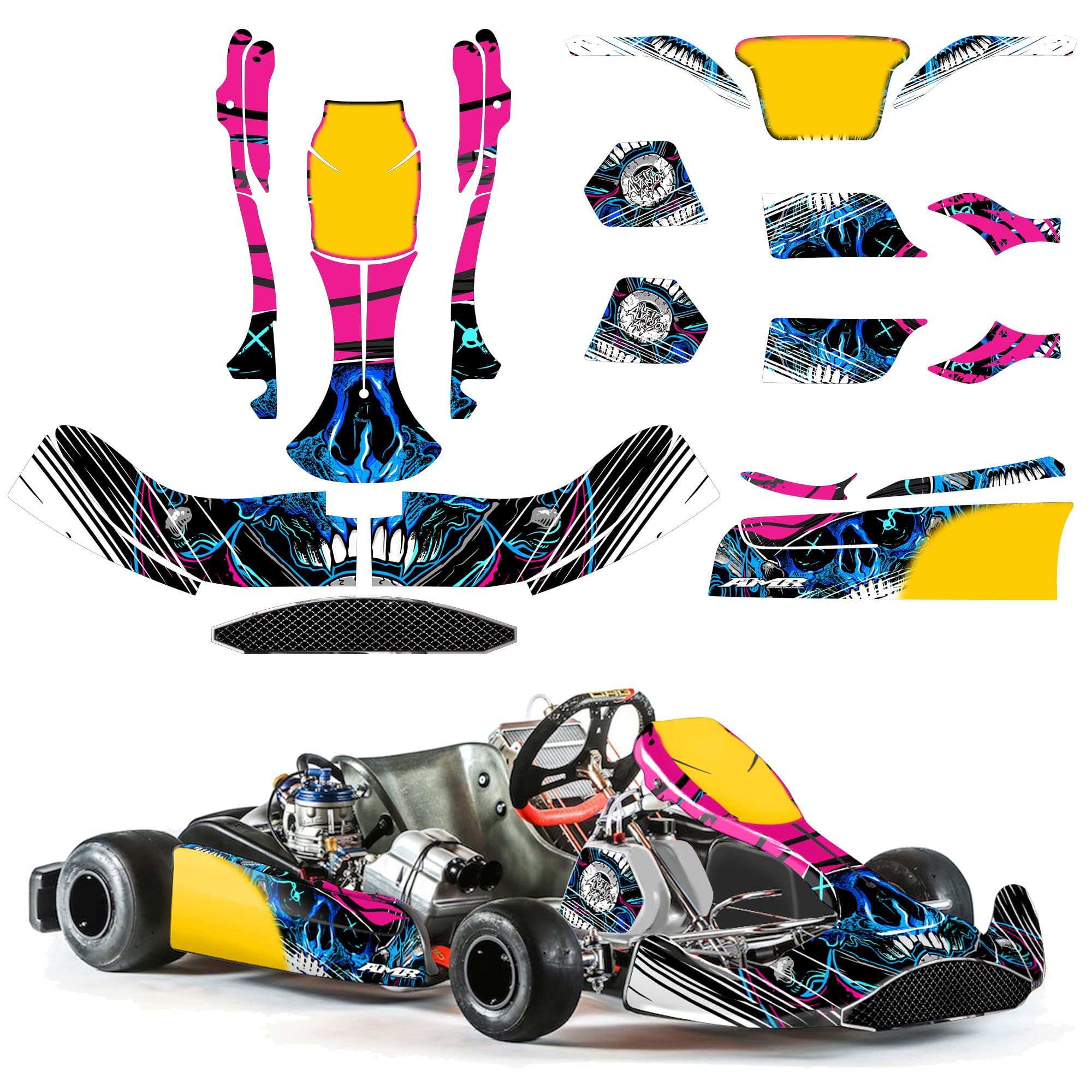 AMR Racing Go-Kart Graphics Kit Sticker Decal - Compatible with CRG NA3 Kart (Frenzy Blue Design) | High-Quality Vinyl Decals for Kart Racing Enthusiasts & Track Performance