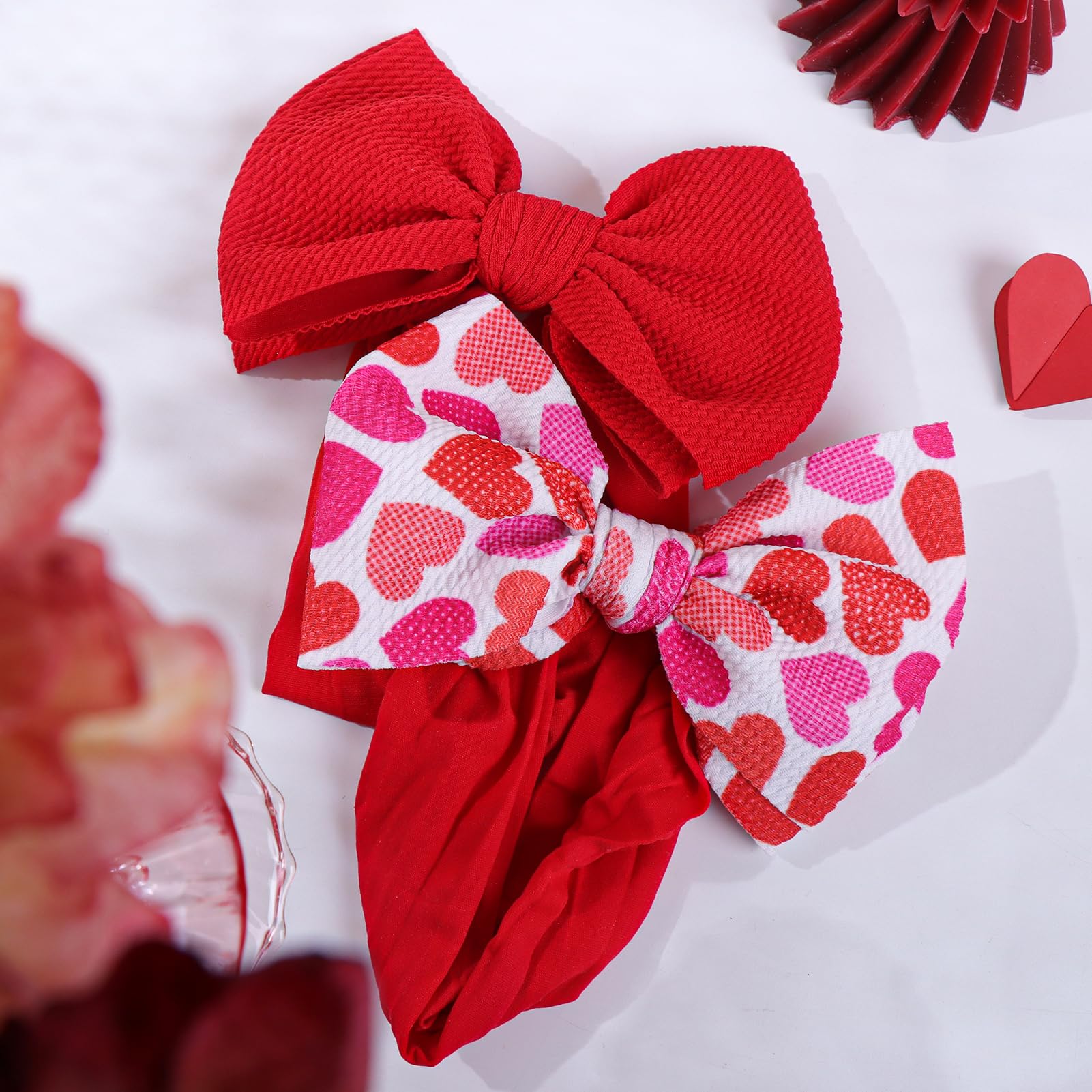 Valentine's Day Red Nylon Heart Headbands for Baby Girls - Handmade Hair Bows for Newborns, Toddlers & Infants - Perfect for Valentine's Gifts, Photo Shoots & Special Occasions