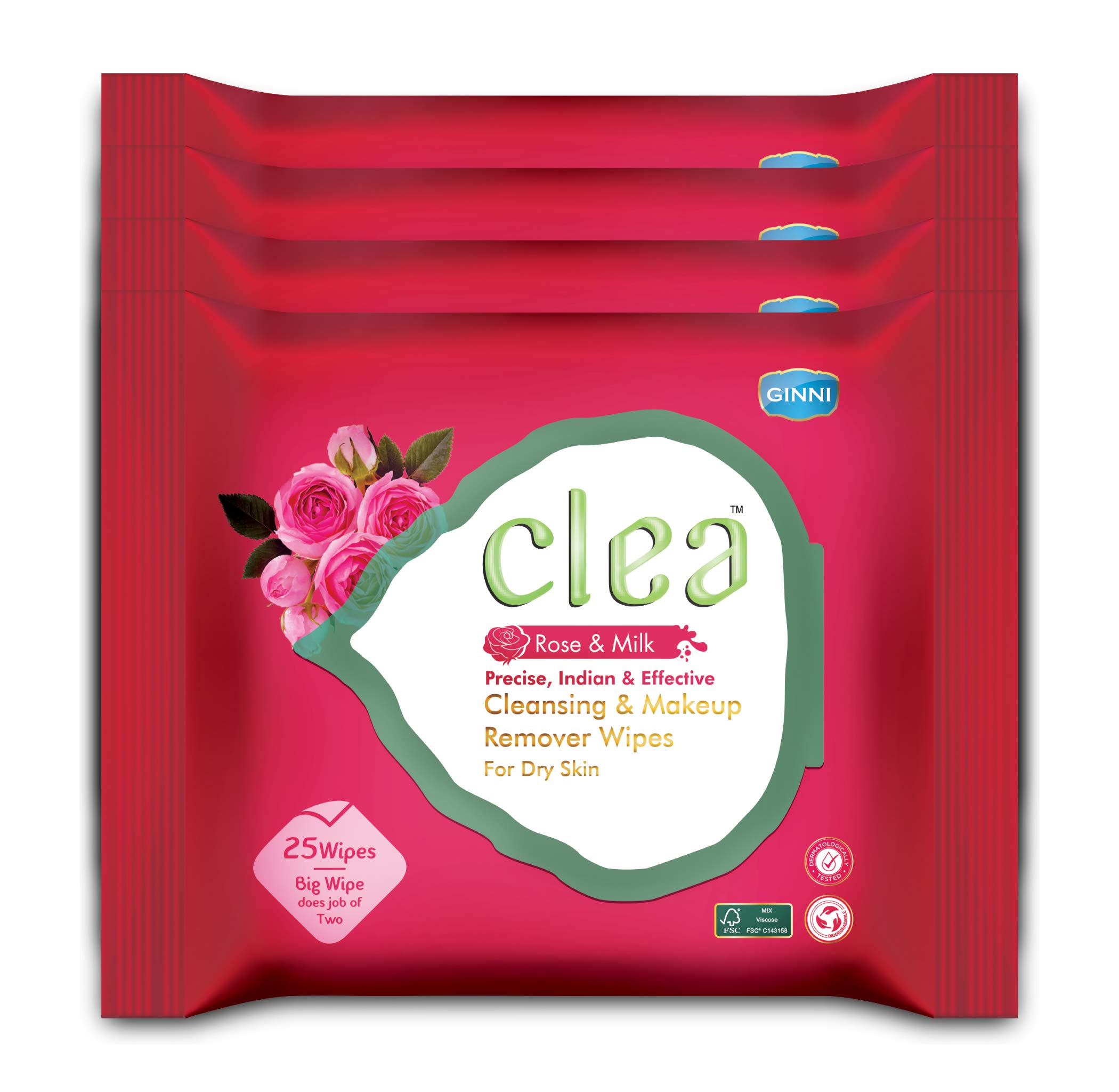 Rose & Milk Cleansing Makeup Remover Wipes for Dry Skin - Hydrating, Soothing, Nourishing Facial Wipes - Pack of 4 (25 Count Each, Large 8