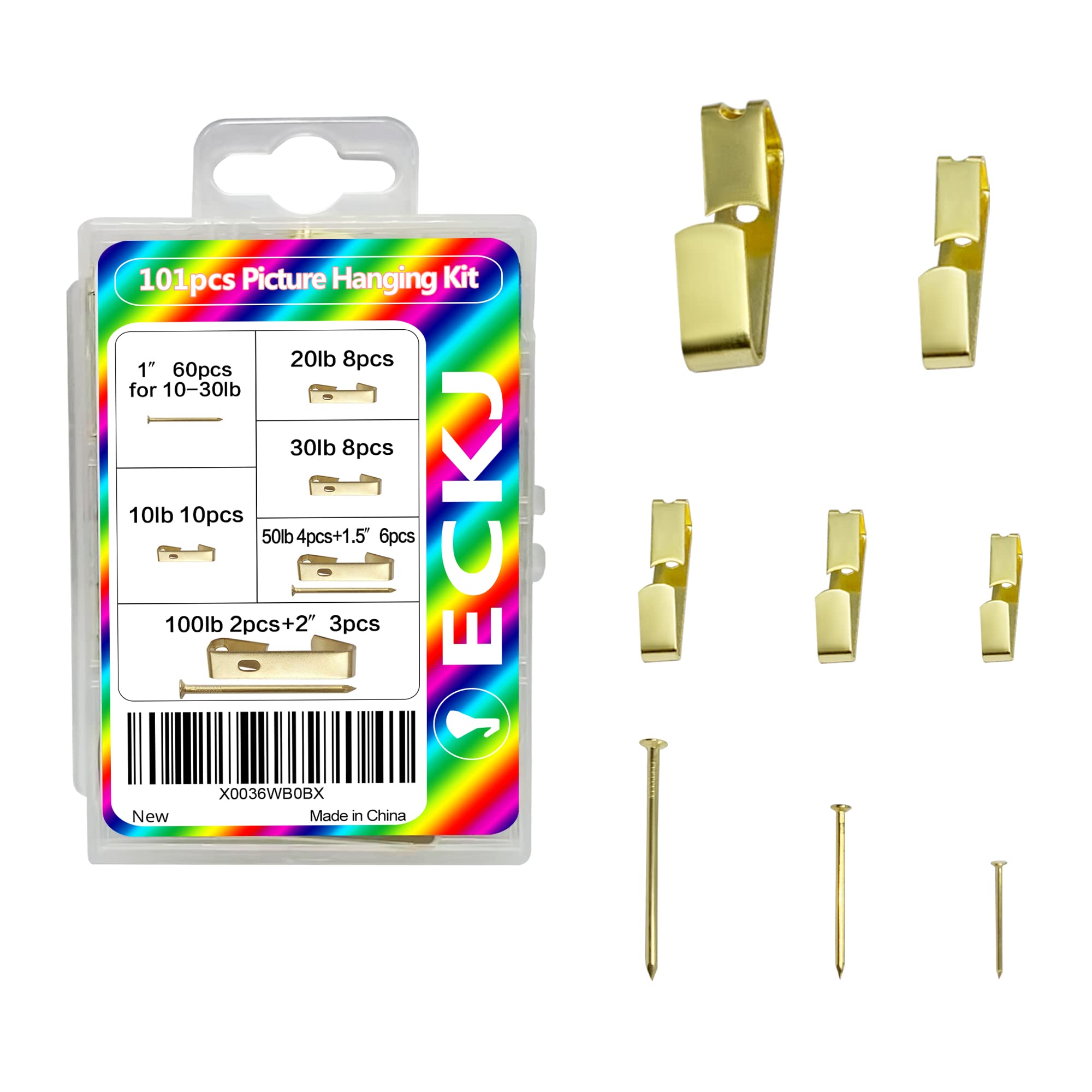 101 Pcs Heavy Duty Picture Hanging Hooks Kit - Supports 10-100 lbs for Photo Frames, Wall Art, Clocks & Canvas - Includes Assorted Nails for Wooden/Drywall - Gold Home Decoration Hangers for Living Room, Bedroom & Office Decor
