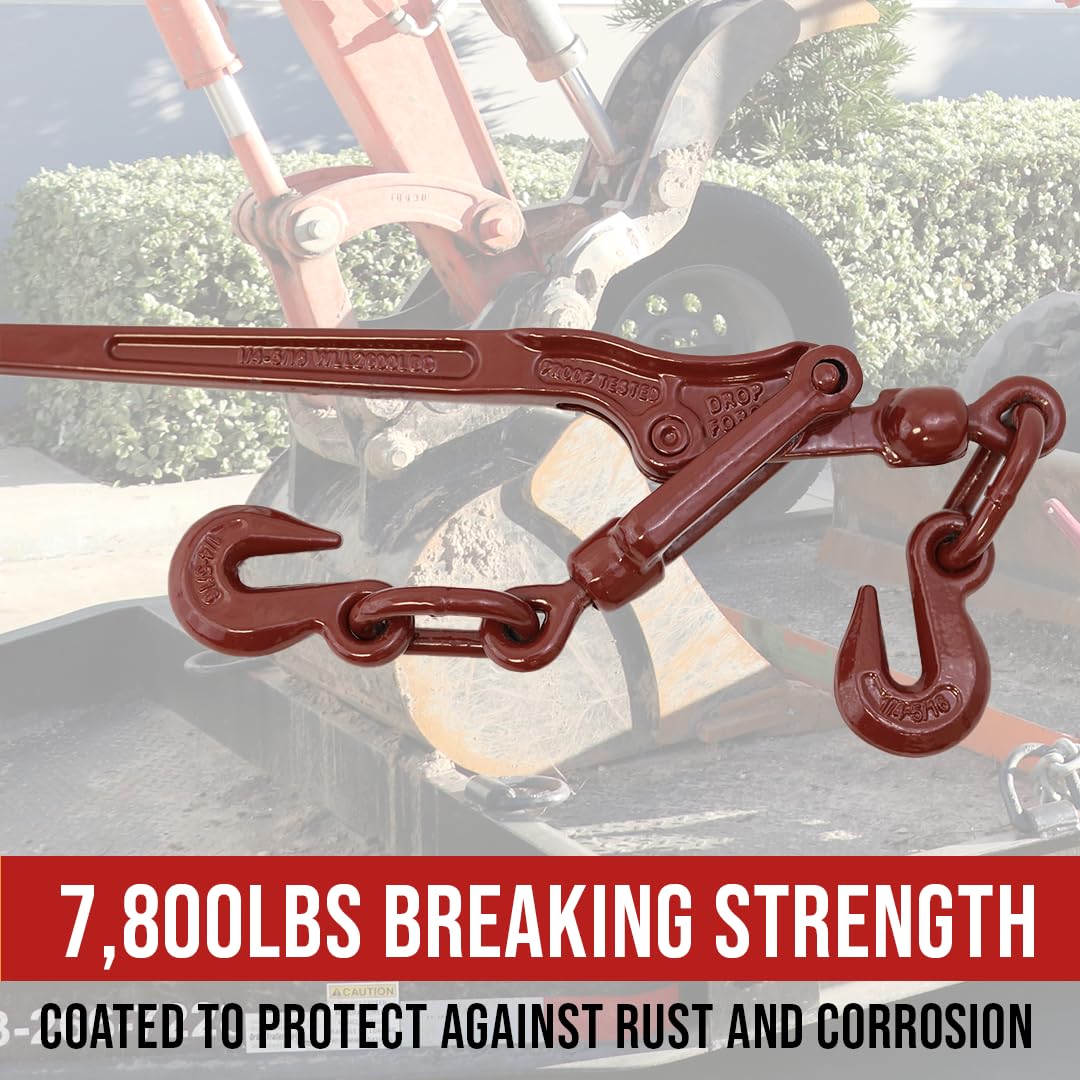 Heavy Duty 2 Pack Chain Lever Load Binder with Forged Grab Hooks - ¼” to 5/16” - 7,800 LBS Breaking Strength - Secure Cargo & Equipment for Trucks, Trailers & Towing - BoxerTool