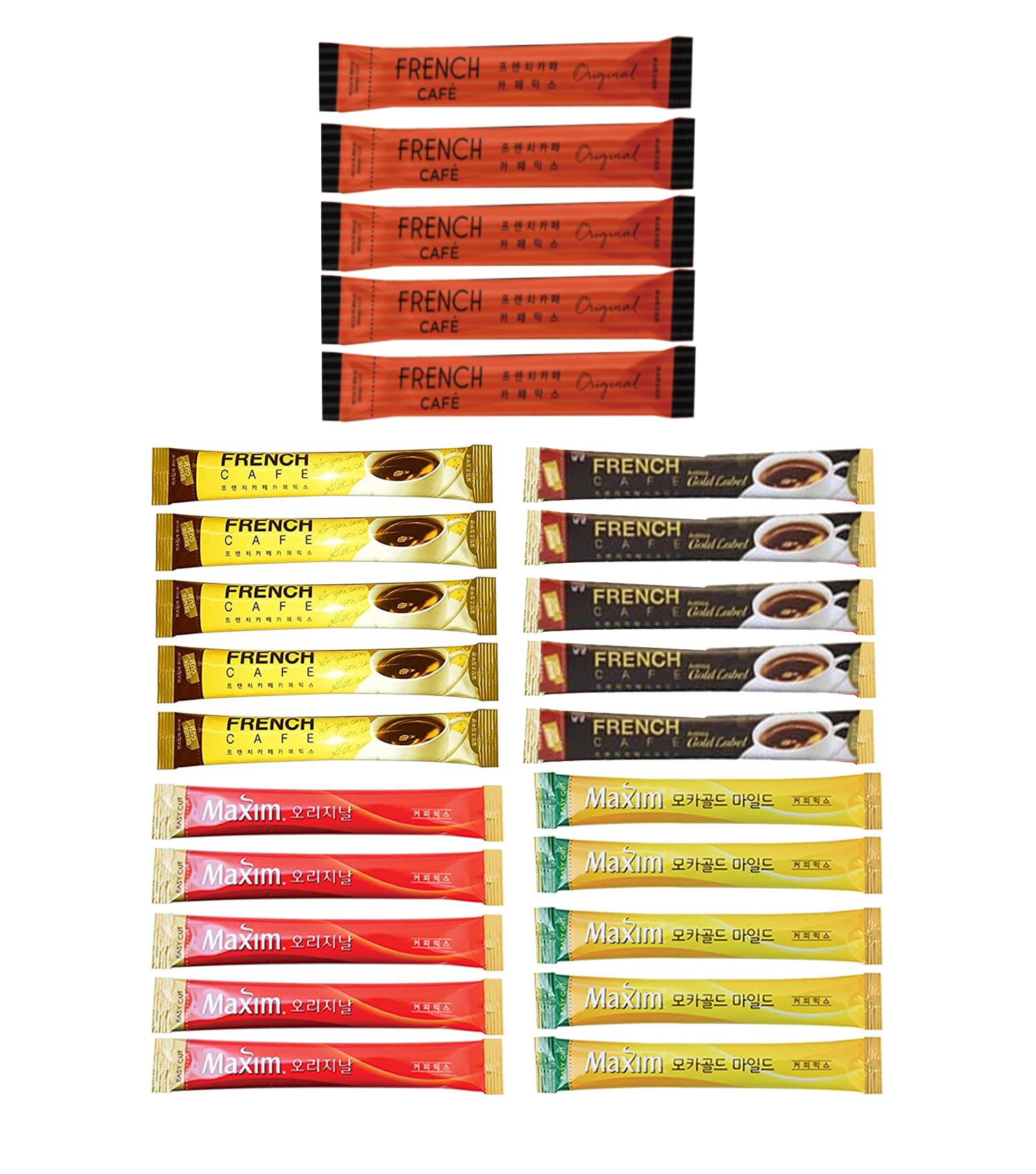 25-Count Korean Instant Coffee Sampler - Maxim & French Café Assortment (25 Sticks) - Perfect for Office, Travel & Home Brewing