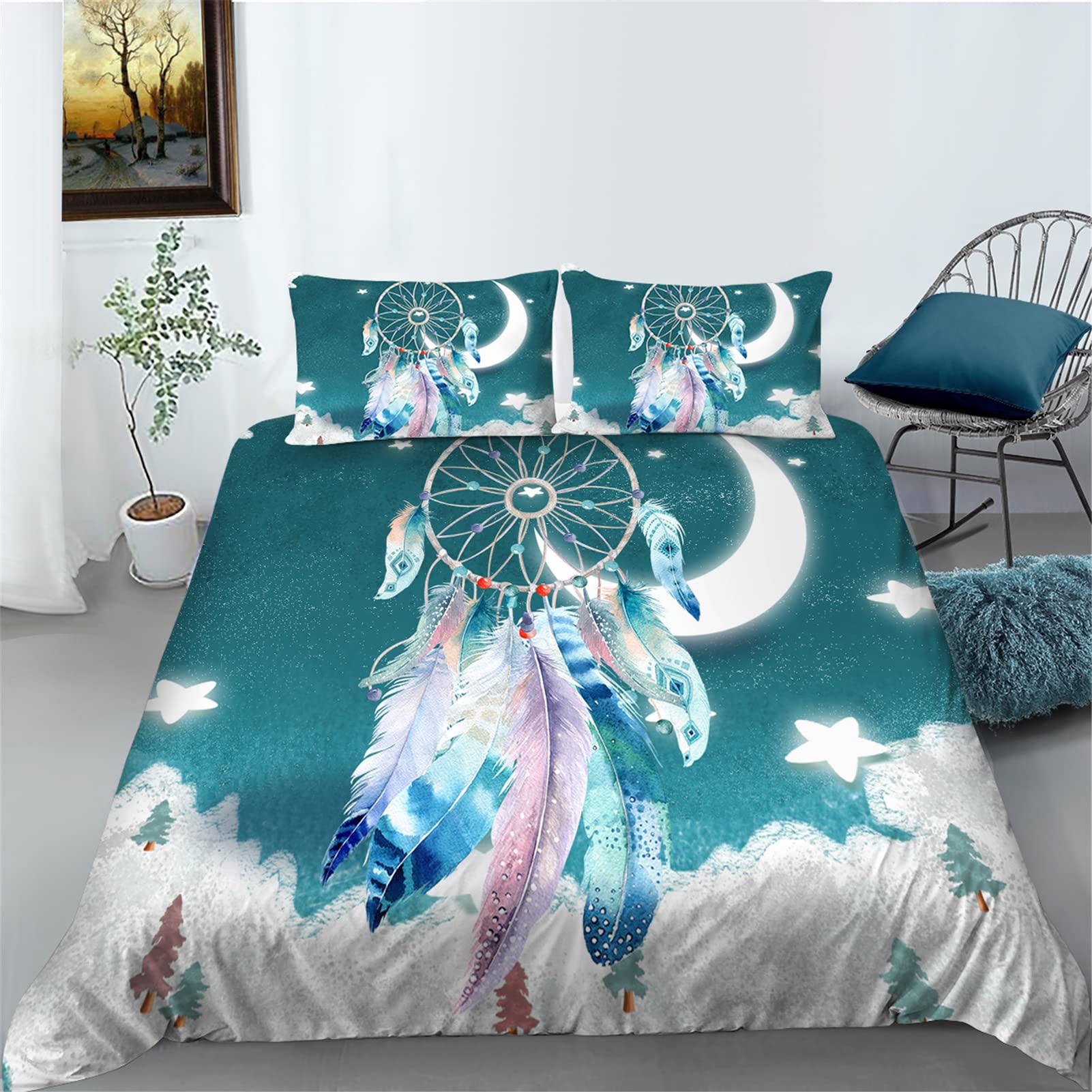 Bohemian Dream Catcher Queen Size Comforter Cover Set - Colorful Feather Printed Duvet Cover, Soft Microfiber Bedding for Women & Girls (No Comforter Included) | Perfect for Boho Chic Bedroom Decor, Guest Room & Dorm Style