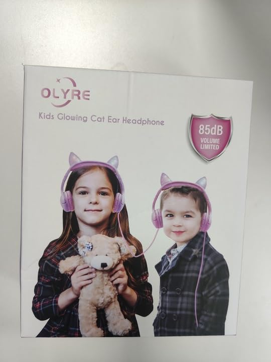 Olyre LED Light Up Cat Ear Headphones for Girls - 85dB Hearing Protection, Over-Ear Kids Headphones with 3.5mm Jack (Pink) - Perfect for School, Travel & Gaming