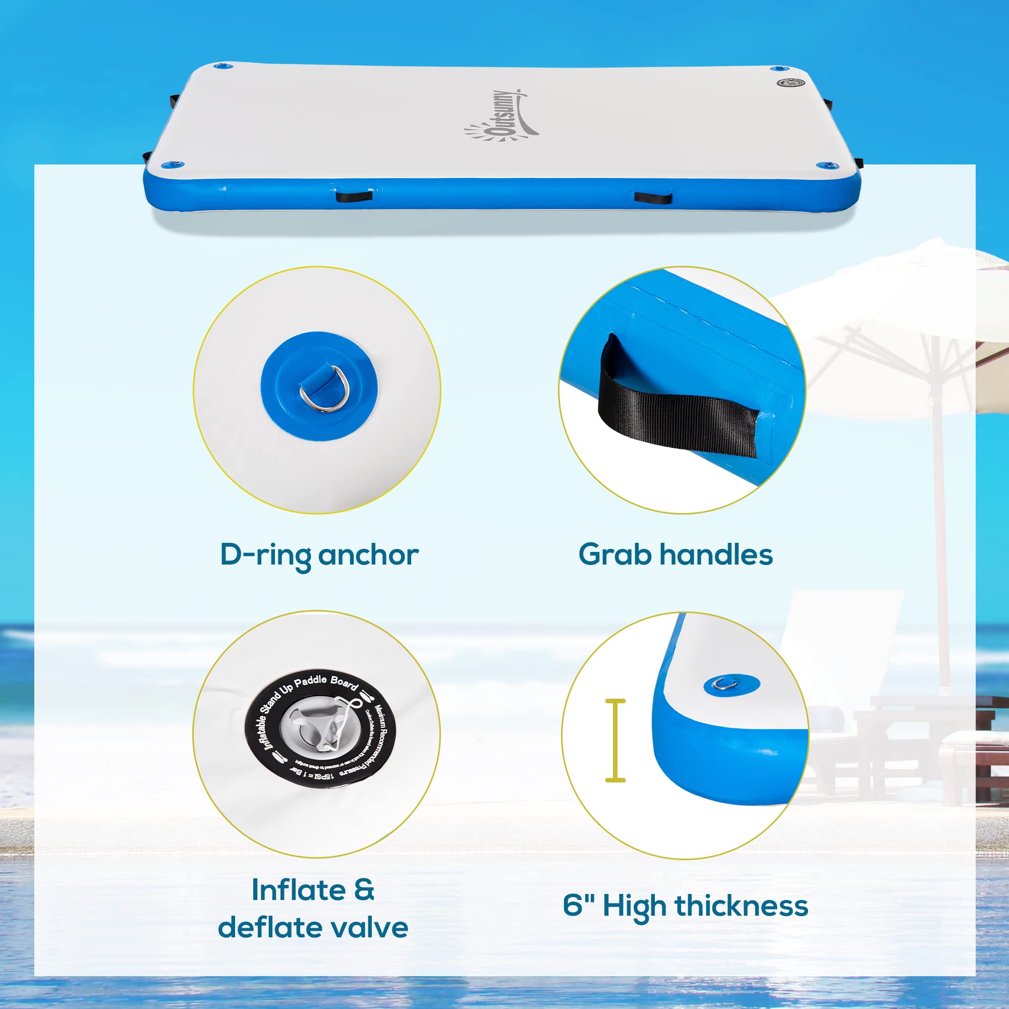 Outsunny Inflatable Floating Dock for Boats & Lakes - Heavy Duty Water Raft with Air Pump, Storage Bag, D-Rings, Handles & Repair Kit - Perfect for Swimming, Fishing, Relaxing on Lakes, Pools & Beaches
