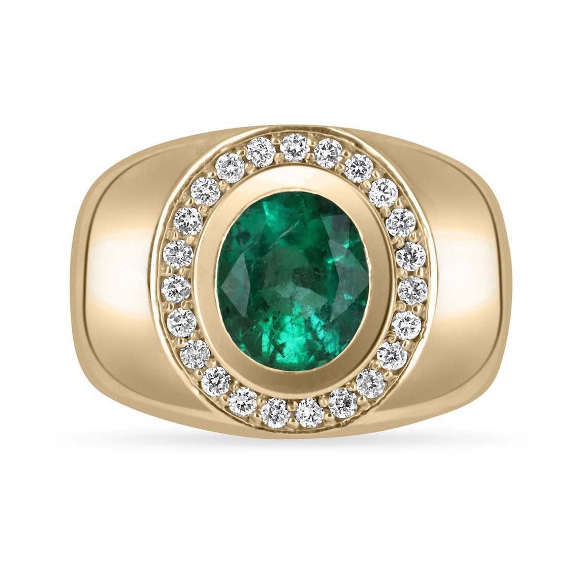 1.95tcw Natural Emerald & Diamond Halo Men's Ring in 14K Gold - Elegant Wedding Band, Anniversary Gift for Him, Perfect for Special Occasions
