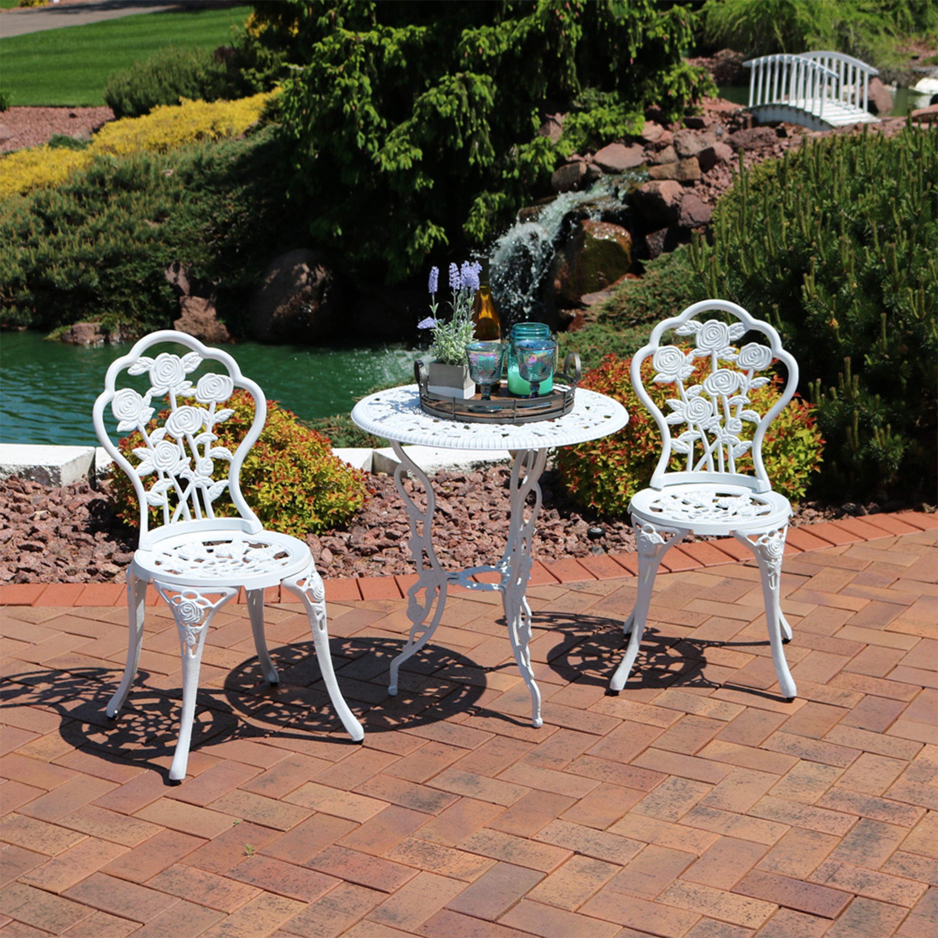 Sunnydaze 3-Piece Outdoor Cast Aluminum Patio Bistro Set - Durable Garden Furniture for Backyard, Balcony & Poolside Dining