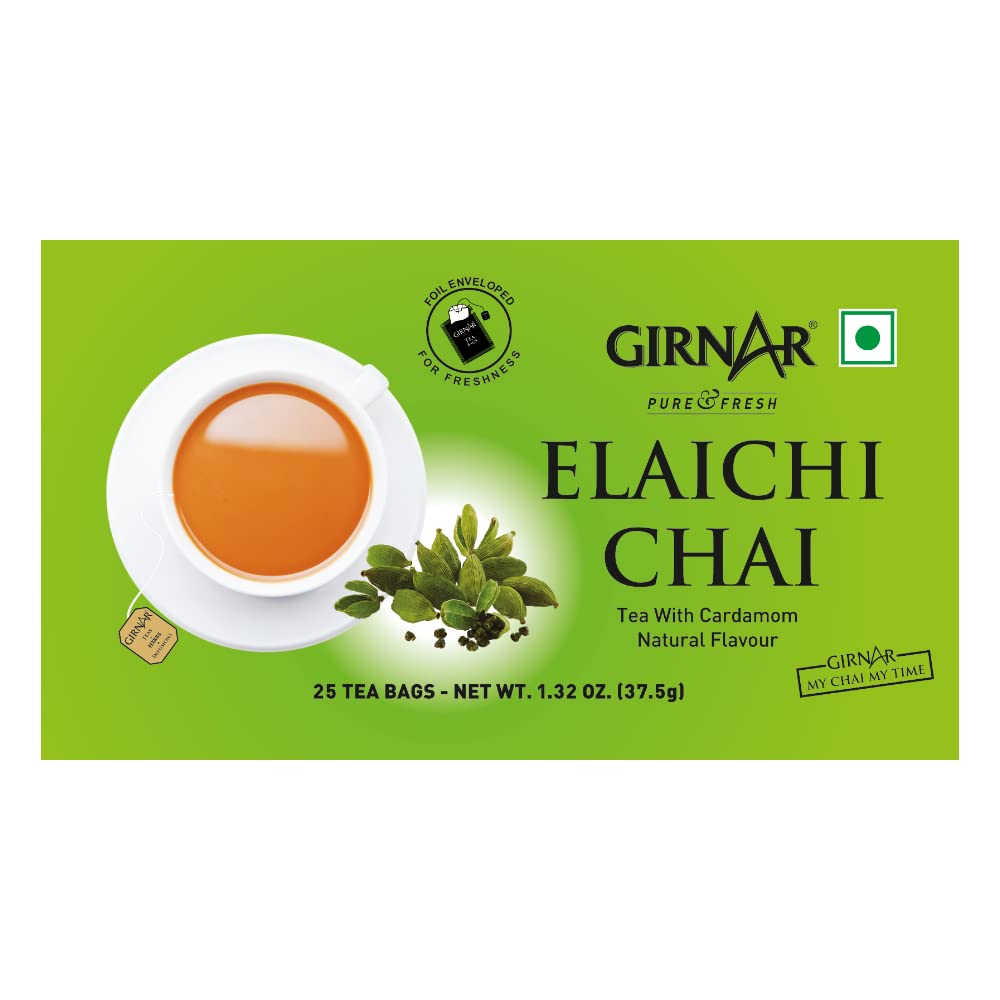 Premium Girnar Elaichi (Cardamom) Tea Bags - 25 Count | Aromatic Spiced Indian Herbal Tea for Relaxation & Digestion | Perfect for Morning Boost or Evening Relaxation