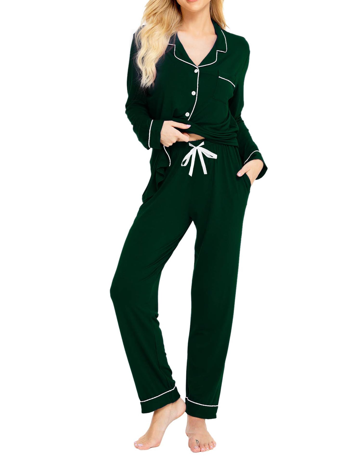 SWOMOG Women's Soft Cotton Pajama Set - Long Sleeve Button Down Sleepwear & Lounge Outfit for Cozy Nights and Relaxing at Home