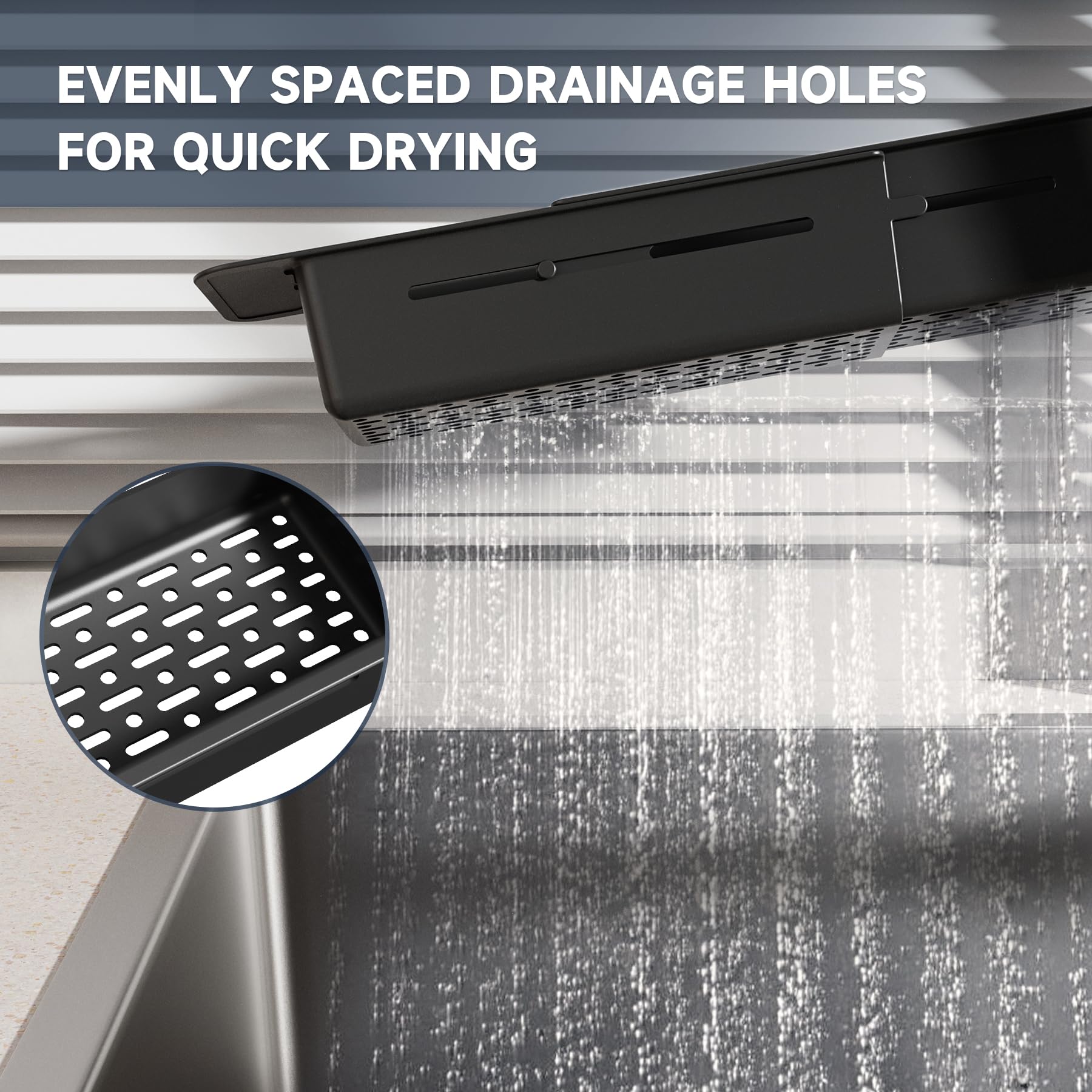 NiHome Extendable Over Sink Kitchen Organizer - Adjustable Sponge & Brush Holder with Non-Slip Pads, Telescopic Sink Caddy for Sponges, Dish Brushes - Durable ABS Material with Drainage Holes (Black) - Perfect for Small Kitchen Spaces, Apartment Sinks & Clutter-Free Countertops