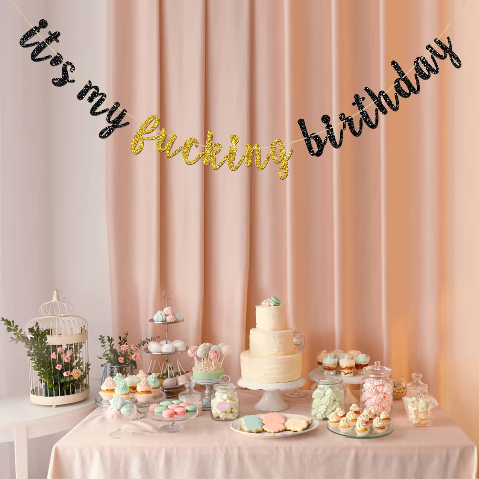 Gold & Black Glitter Happy Birthday Banner - Funny Adult Birthday Party Decor, It's My Fucking Birthday Sign for Women & Men | Perfect for Home, Office, Bar Celebrations
