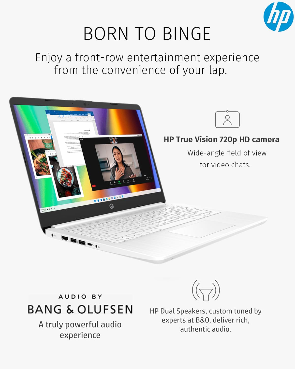 HP 14-inch Thin & Light Laptop for Students - Intel Processor, 8GB RAM, 64GB eMMC + 128GB SD Card, Windows 11, 1 Year Microsoft Office, Webcam, Long Battery Life (White) - Perfect for College, Online Classes & Remote Work