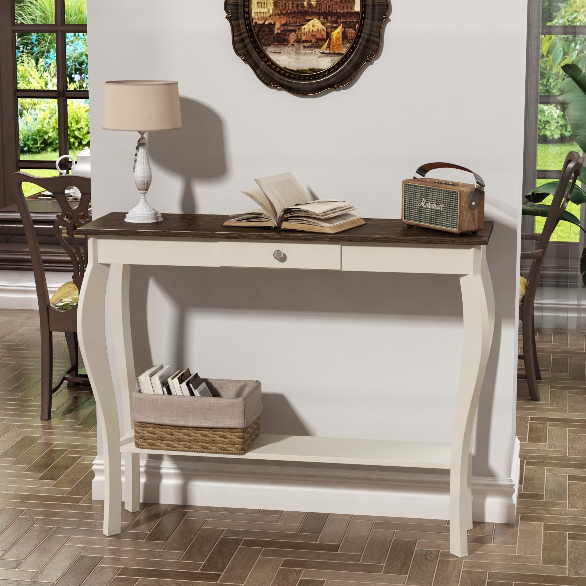 ChooChoo Narrow Farmhouse Console Table with Drawer - Chic Accent Sofa Entryway Table with Shelves - Antique White & Brown - Perfect for Entryway, Living Room, Hallway & Small Space Decor
