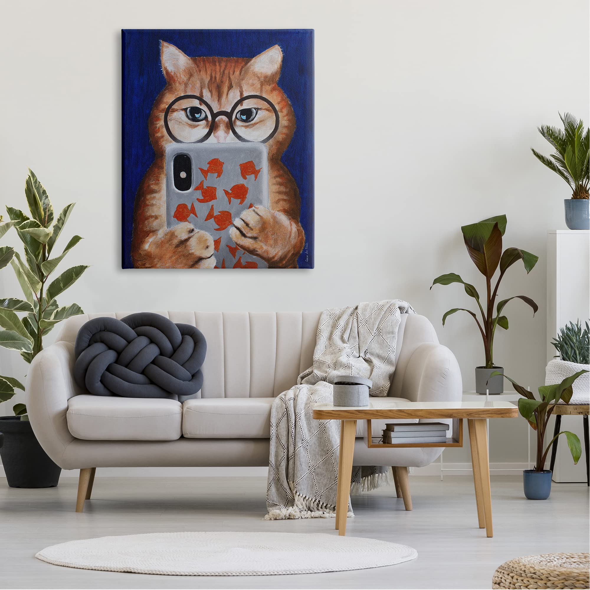 Stupell Industries Funny Cat Illustration - Texting with Glasses by Coco de Paris | Whimsical Wall Art for Living Room, Bedroom & Office Decor