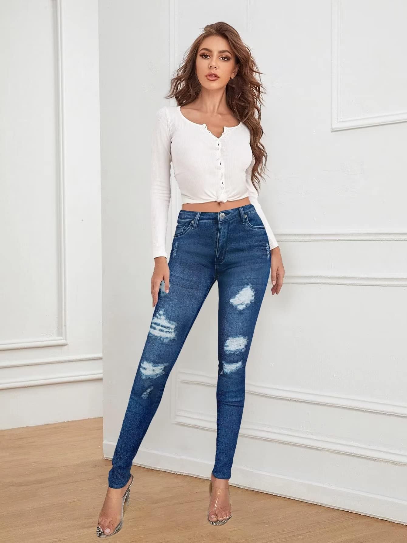 Hybrid & Company Women's Butt Lift Super Comfy Stretch Ripped Skinny Jeans - Trendy High Waist Denim Pants for Casual Outfits & Night Out