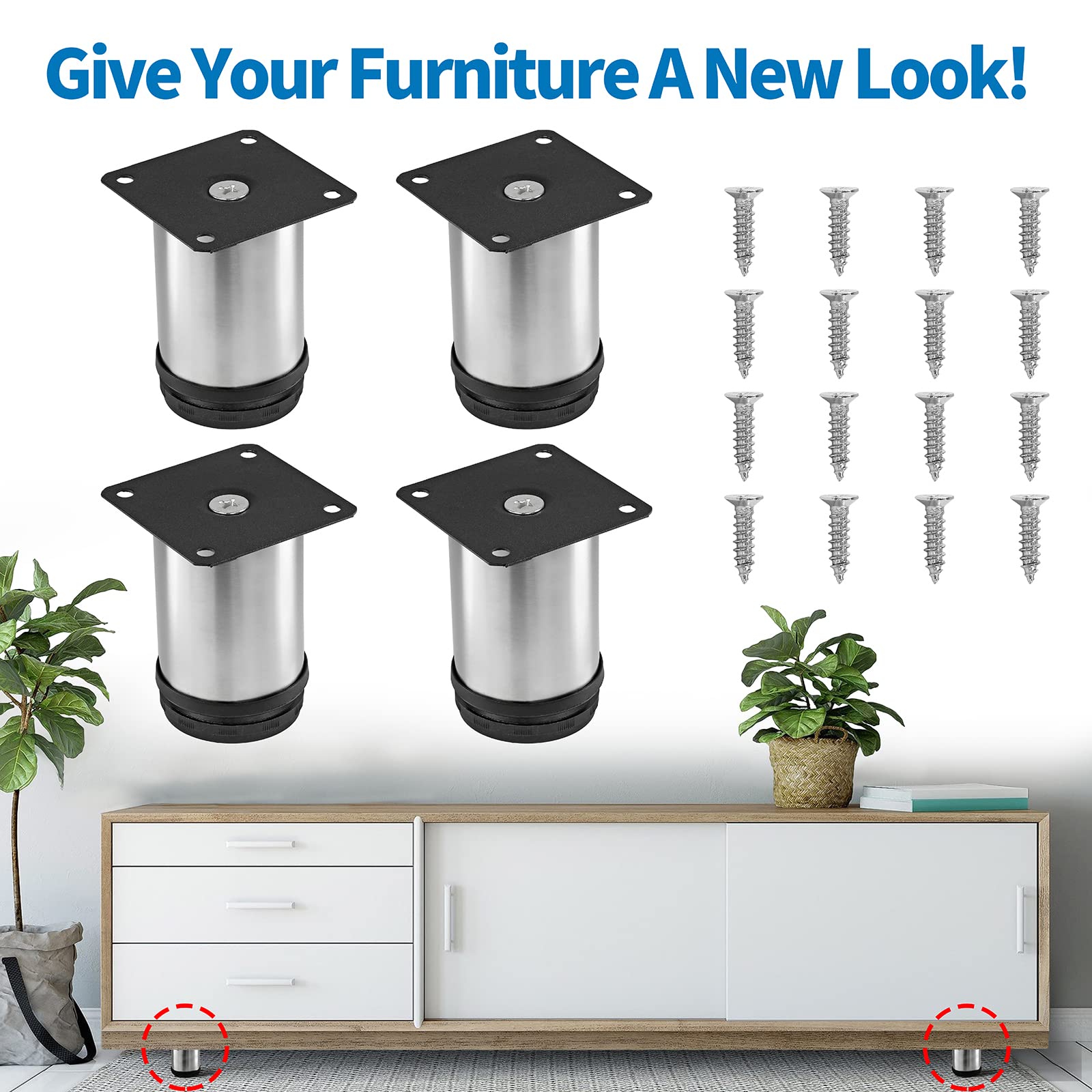 3 Inch Stainless Steel Adjustable Furniture Legs - Round Metal Table Legs for Coffee Table, Cabinet, Desk, Sofa & Shelves (Set of 4) | Durable & Stylish Home & Office Furniture Support