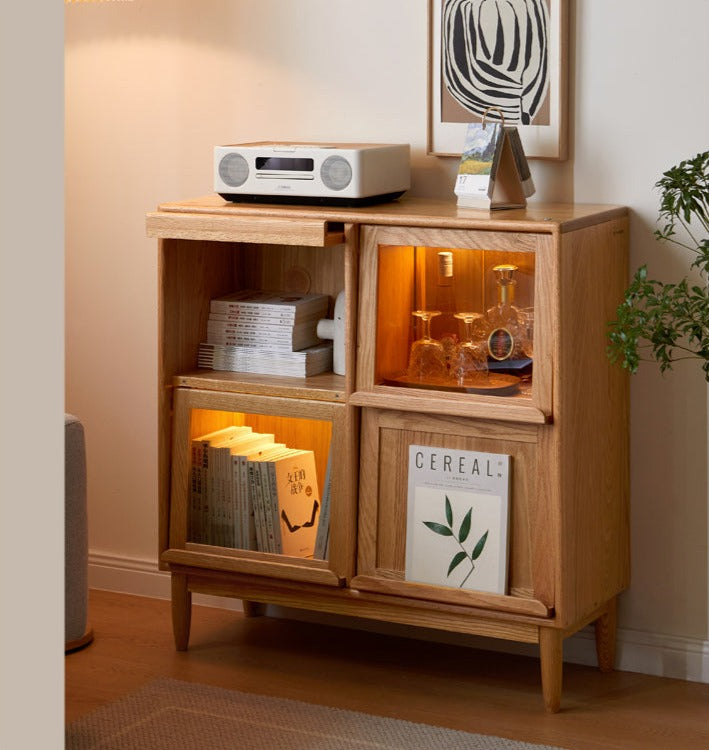 Solid Oak & Cherry Wood 4-Door Bookcase with Built-in Lighting - Modern Bookshelf for Living Room, Office, or Library - Perfect for Storing Books, Magazines, and Decorative Items