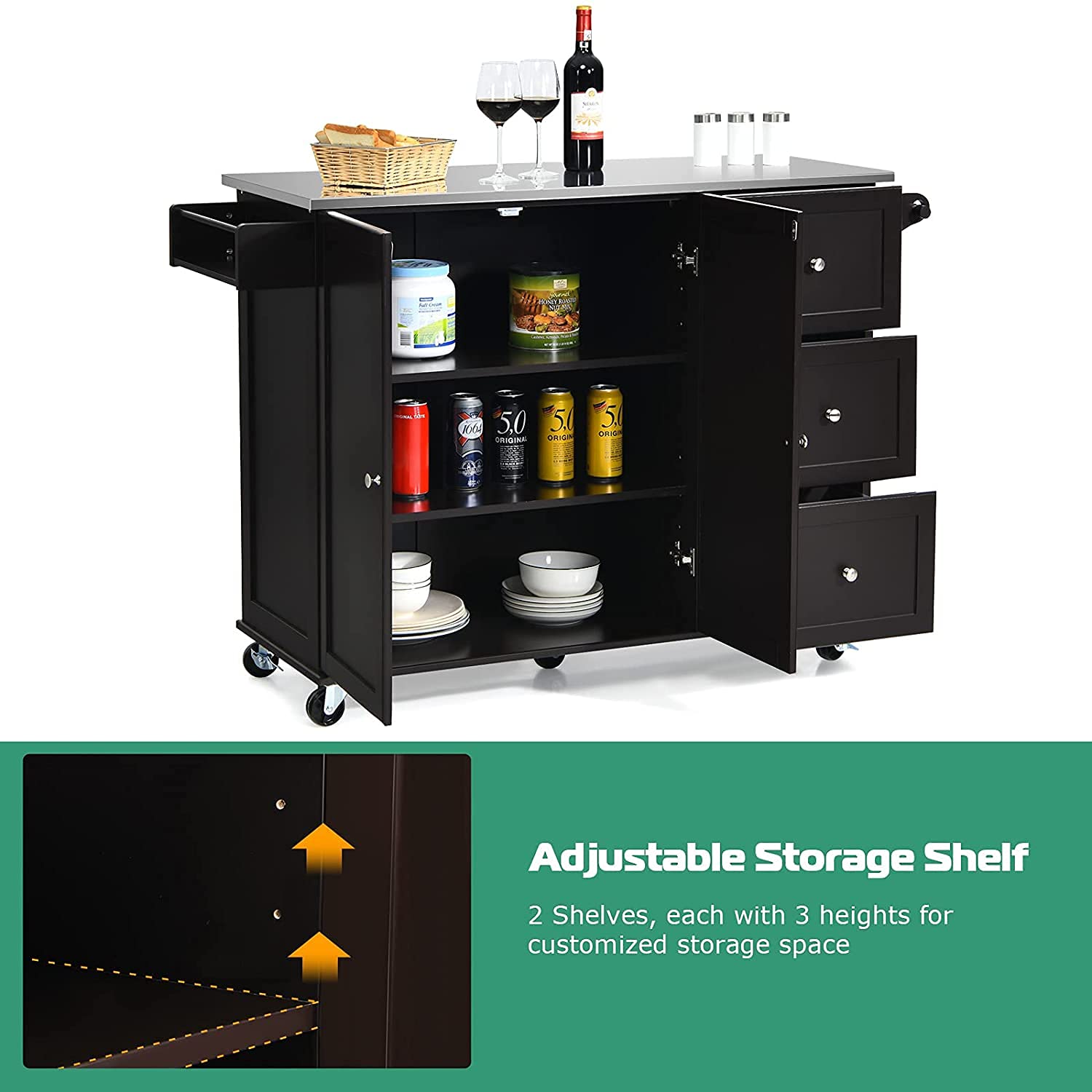 Premium Kitchen Cart with Stainless Steel Top & Storage - Mobile Kitchen Island on Wheels with Adjustable Shelf, 3 Drawers & Spice Rack - Perfect for Small Kitchens, Dining Rooms & Living Rooms - Ideal for Meal Prep, Extra Counter Space & Home Organization