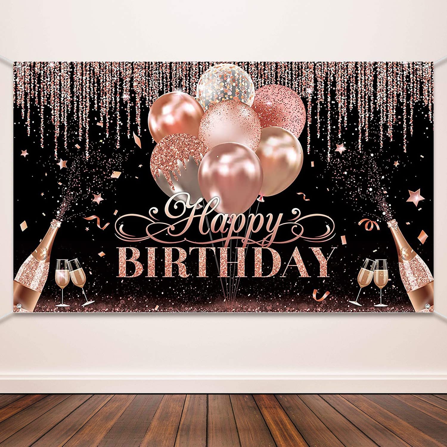 Rose Gold Happy Birthday Backdrop with Glitter Balloons - Elegant Party Decor for Women, Girls, Baby Showers & Photography Background - Perfect for Birthday Celebrations, Gender Reveals & Special Events