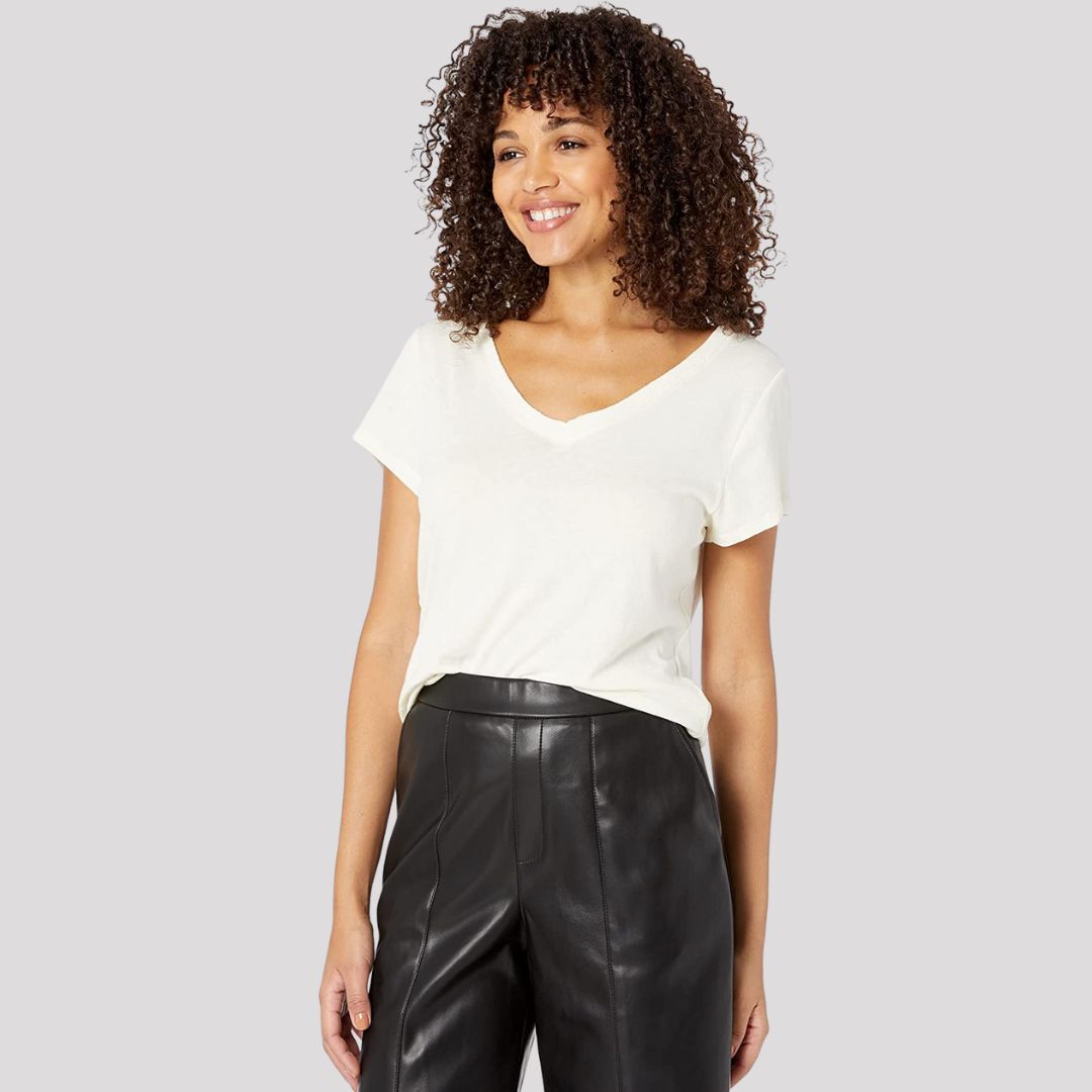 Andie Women's V Neck T-Shirt - Soft Cotton Winter White Tee for Casual Wear & Layering | Perfect for Everyday Outfits, Work & Weekend Looks