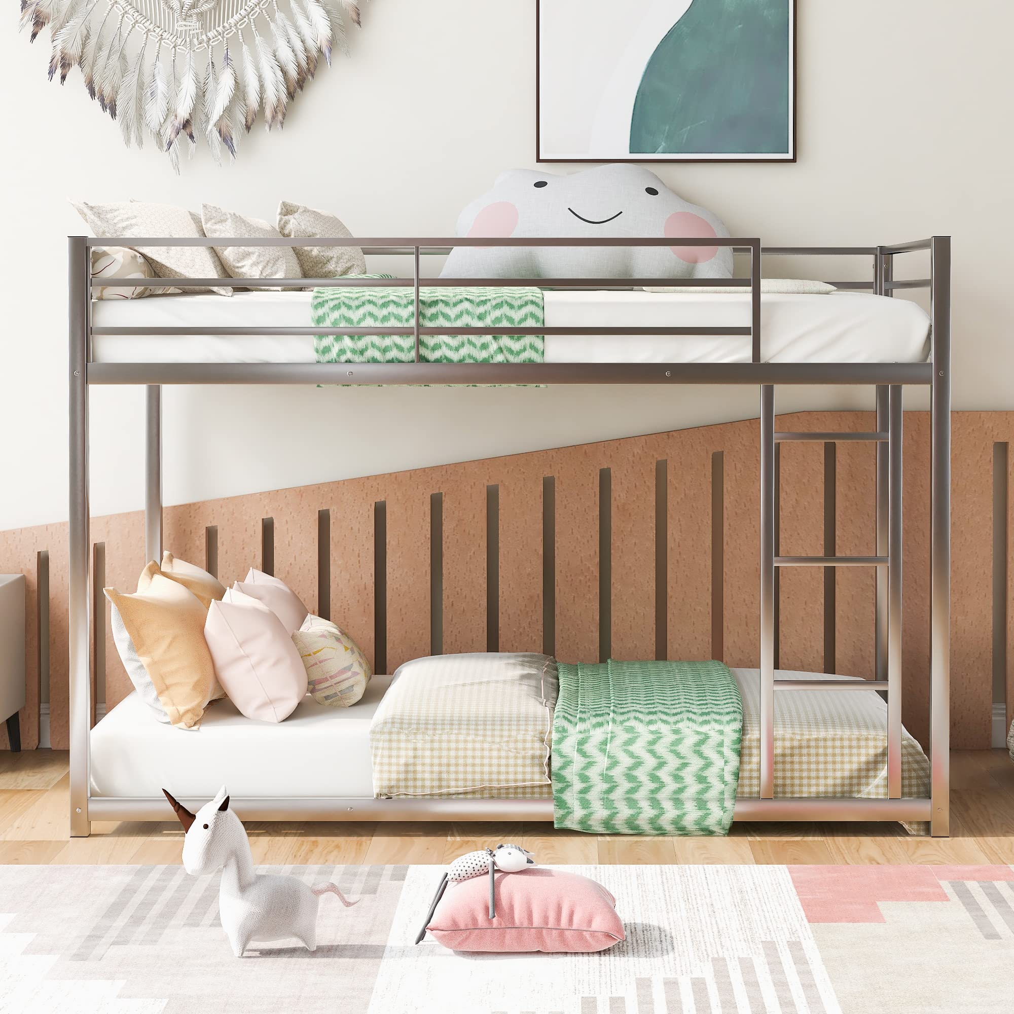 JULYFOX Metal Twin Over Twin Bunk Bed Frame - Sturdy Steel Construction with Ladder, No Box Spring Needed - Space Saving Solution for Kids, Teens & Small Rooms (Silver, Twin Size) - Perfect for Dormitories, Guest Rooms & Vacation Homes