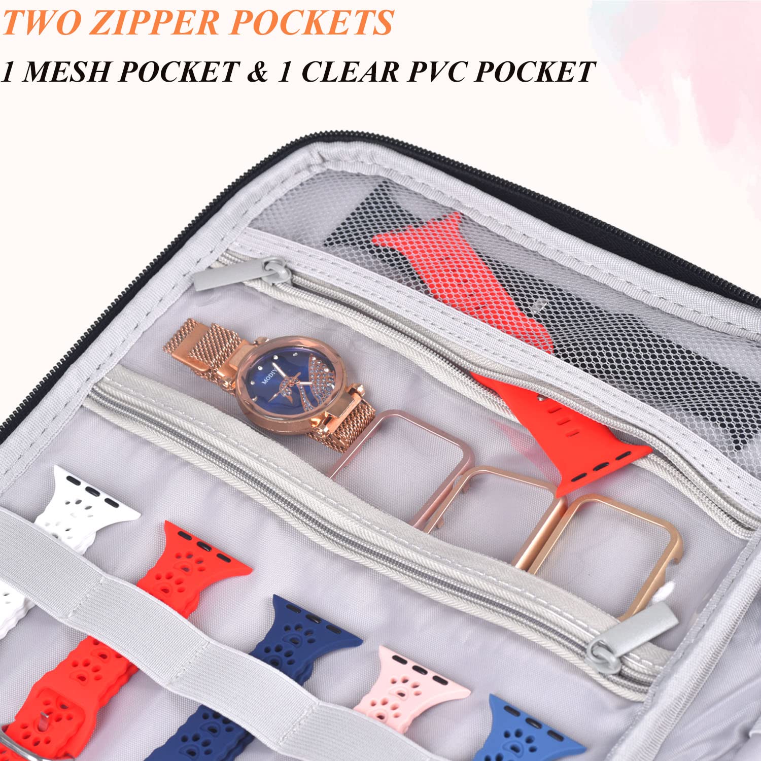 **Pink Leopard Watch Band Storage Case & Organizer – Holds 35 Watch Straps & Accessories – Durable Travel Carrying Case for Apple Watch, Samsung, Fitbit & More – Perfect for Travel, Gym & Home Storage**