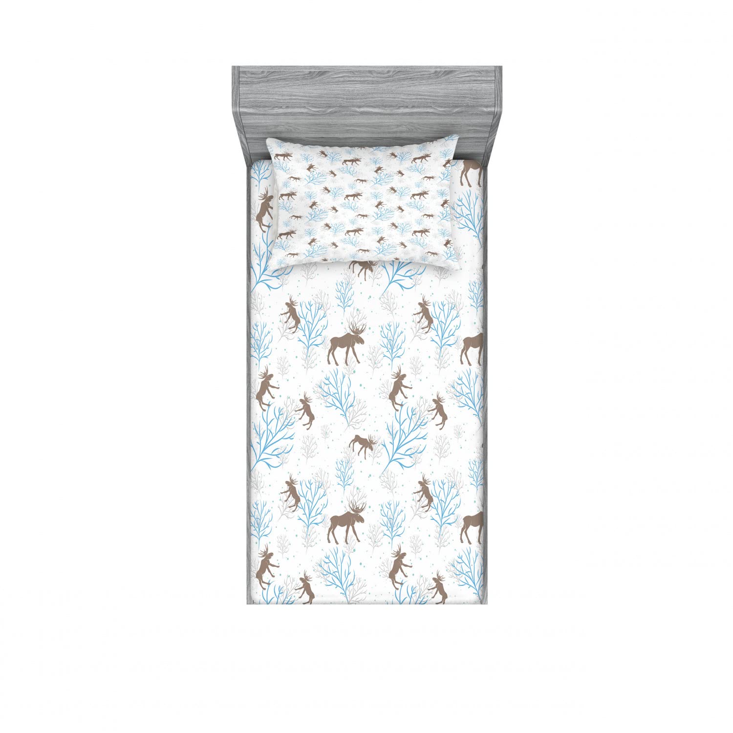 Ambesonne Christmas 2-Pack Twin Fitted Sheets & Pillow Sham Set - Winter Retro Forest Design, 4-Piece Bedding Decor in Brown & Blue - Cozy Holiday Bedroom Upgrade for Guest Rooms & Seasonal Home Styling