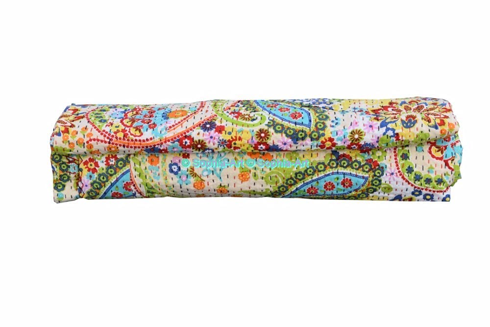 Sophia-Art Handmade Indian Kantha Cotton Quilt - Paisley Print Bohemian Bedspread, Sofa Cover & Throw Blanket for Bedroom, Living Room & Outdoor Use