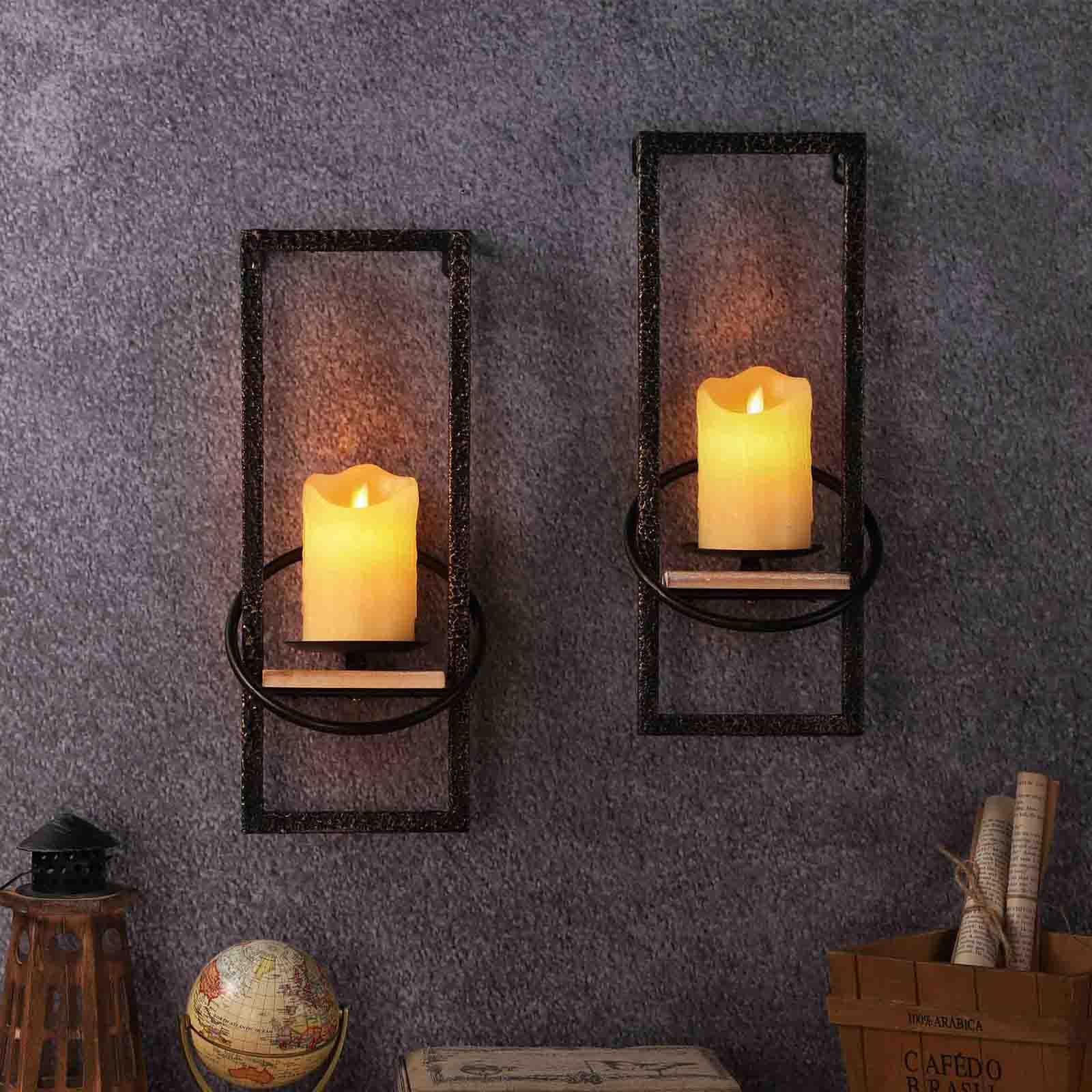 GAKA Set of 2 Black Iron & Wood Wall Sconce Candle Holders - Rustic Metal Hanging Wall Mount Candleholders for Home Decor, Bedroom, Living Room, Patio Lighting