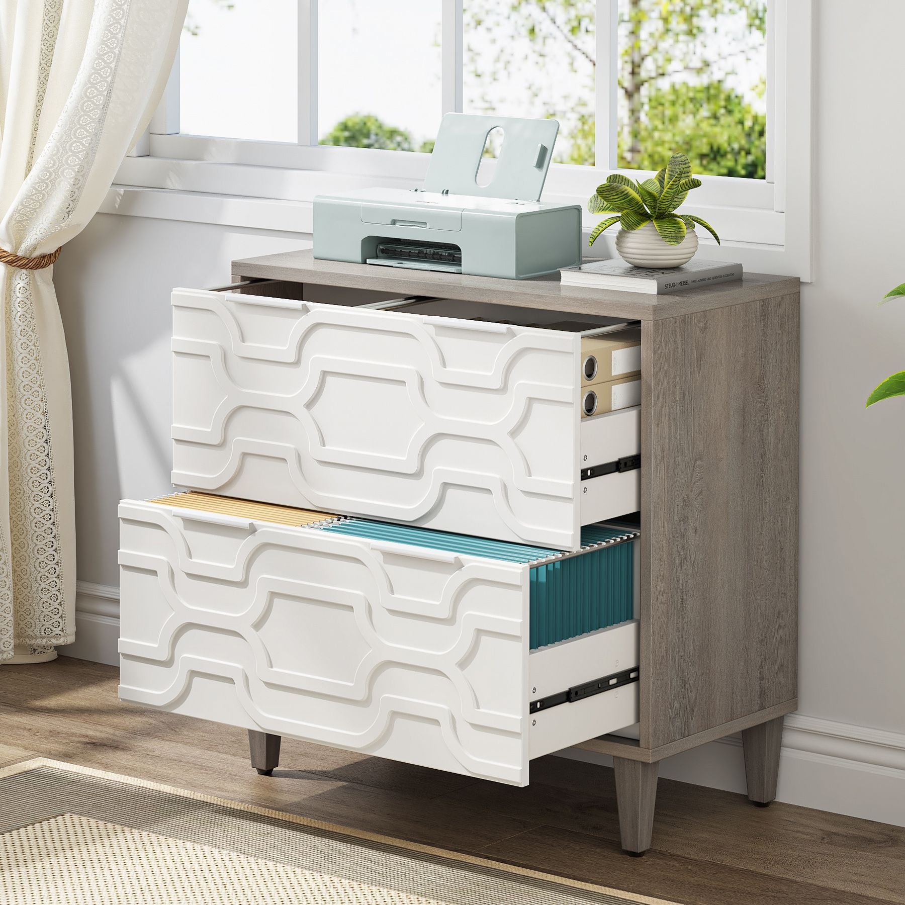 2-Drawer Wood File Cabinet for A4, Letter & Legal Size Documents - Home Office & School Storage Organizer