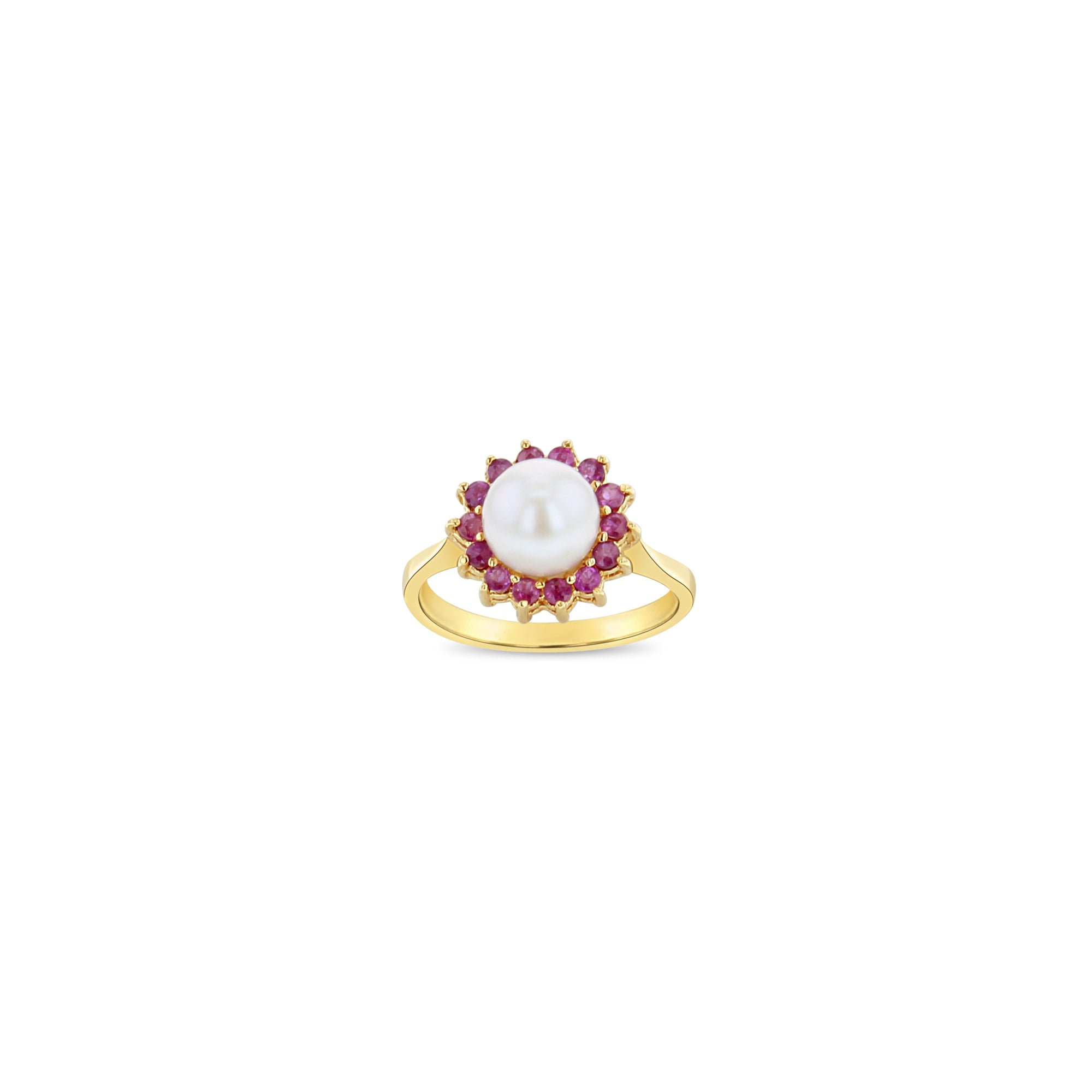 14K Yellow Gold Freshwater Pearl & Ruby Halo Ring - Elegant Bridal Jewelry, Anniversary Gift for Her, Perfect for Weddings & Special Occasions