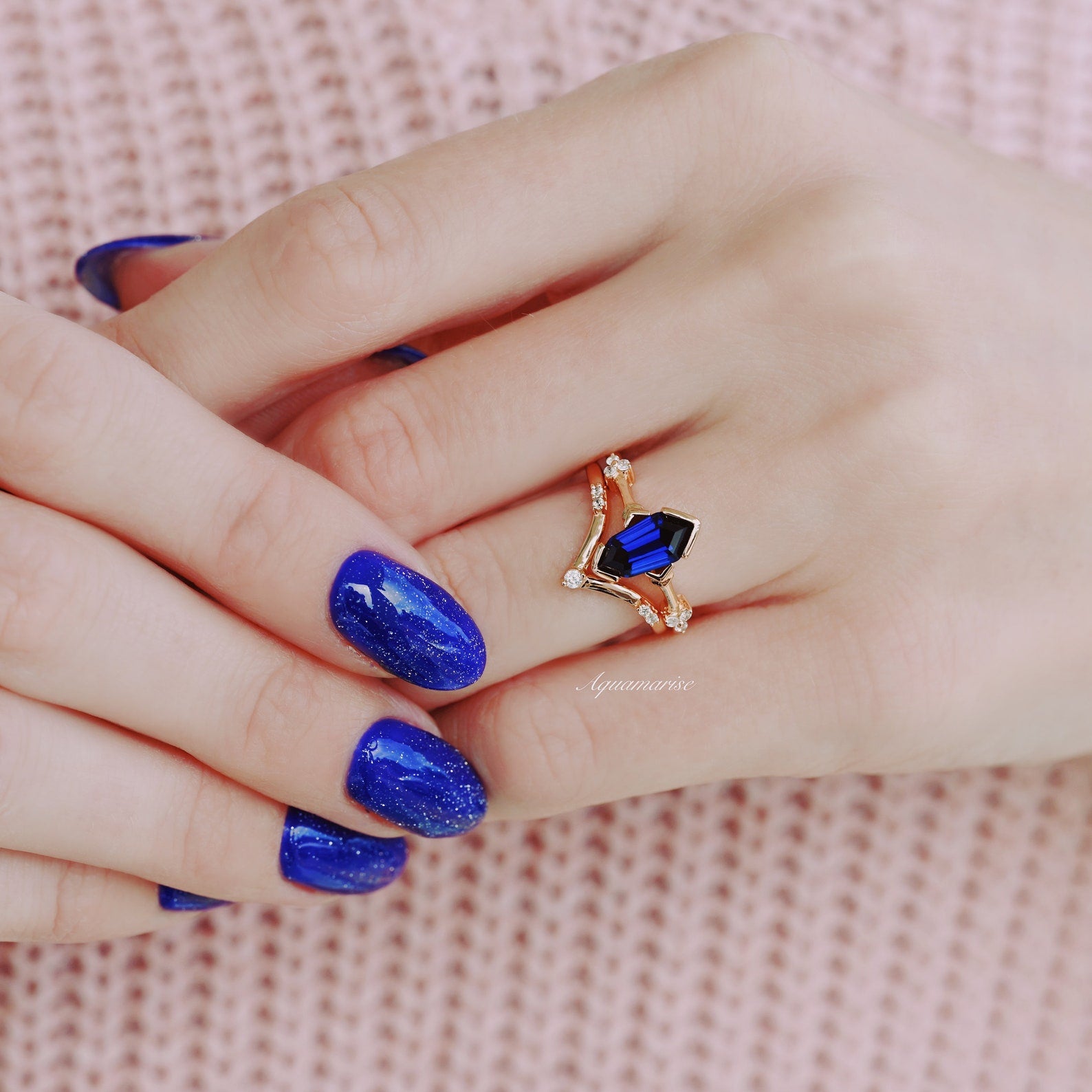 14K Rose Gold Vermeil Blue Sapphire Ring Set - Elegant Jewelry for Women, Perfect for Weddings, Anniversaries & Special Occasions