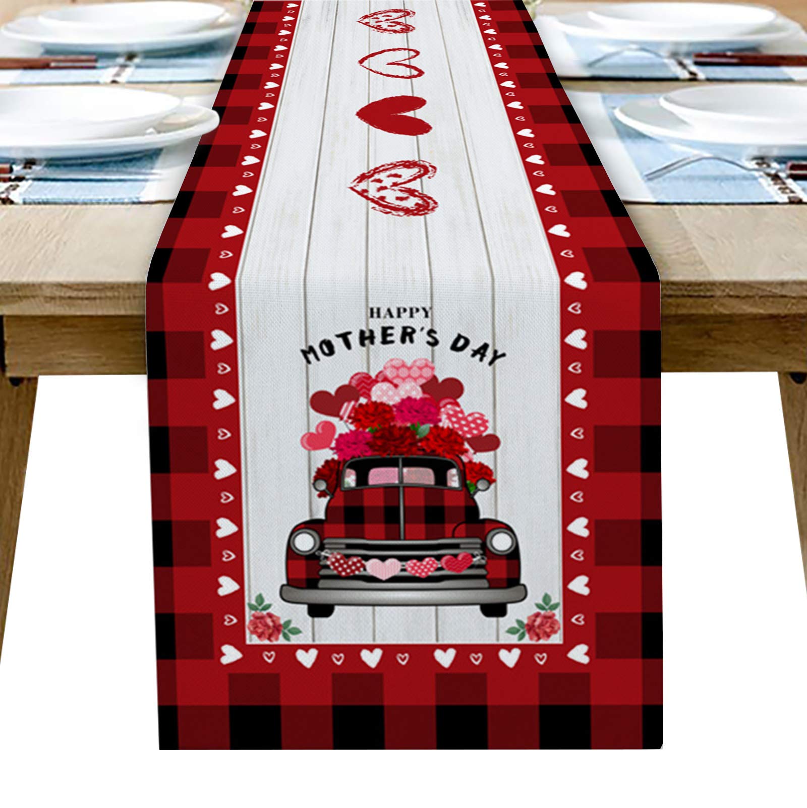 YEHO Art Gallery Happy Mother's Day Cute Truck with Carnation Flower Table Runner - Non-Slip Modern Farmhouse Tablecloth for Dining Table, Kitchen, Office Decor - 14x72 Inches - Perfect for Family Dinners, Holiday Decorations & Home Styling