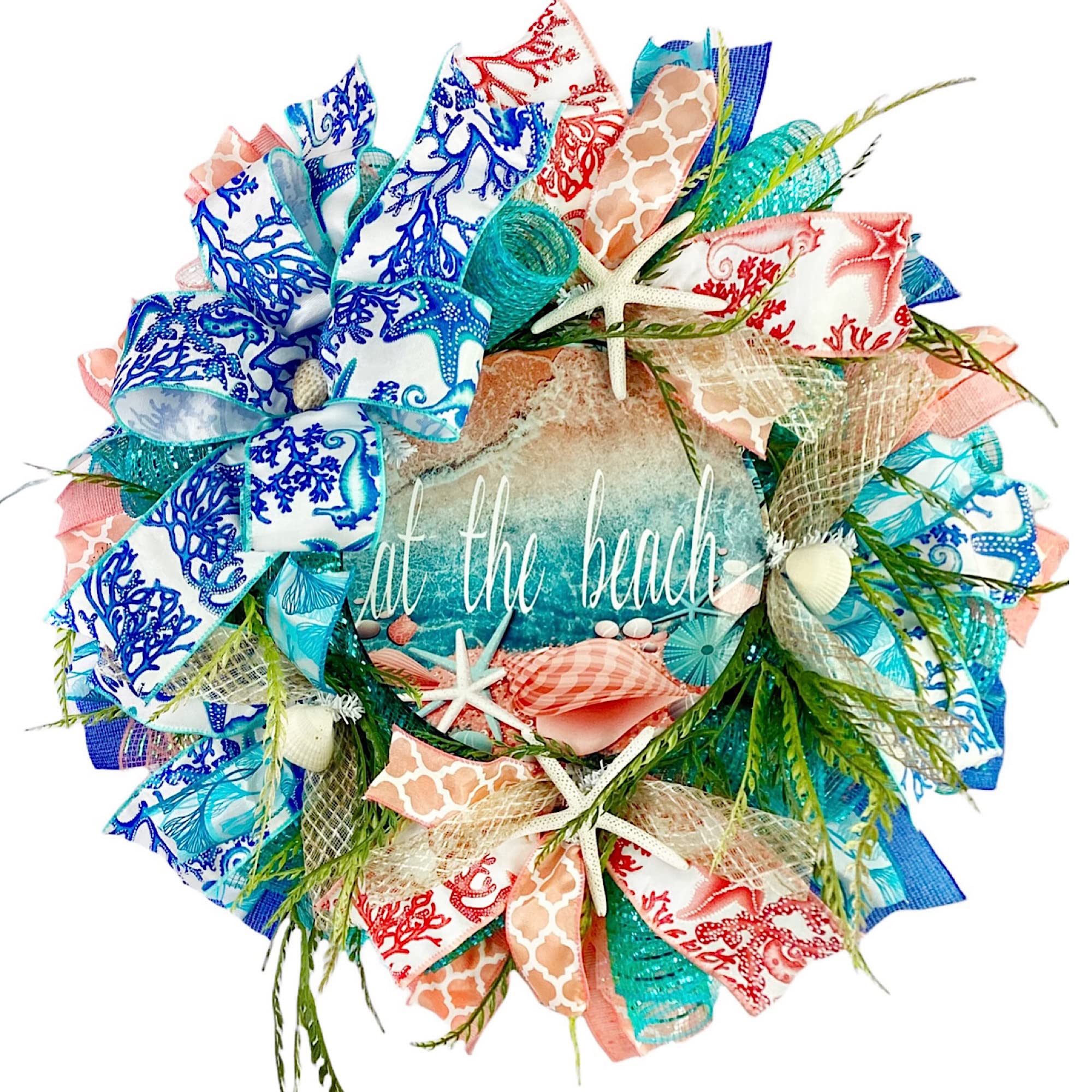 Coastal Nautical Wreath with Starfish & Seashells - Beach Themed Front Door Decor for Indoor or Outdoor Use - Perfect for Summer, Coastal Homes, and Beach House Decorations