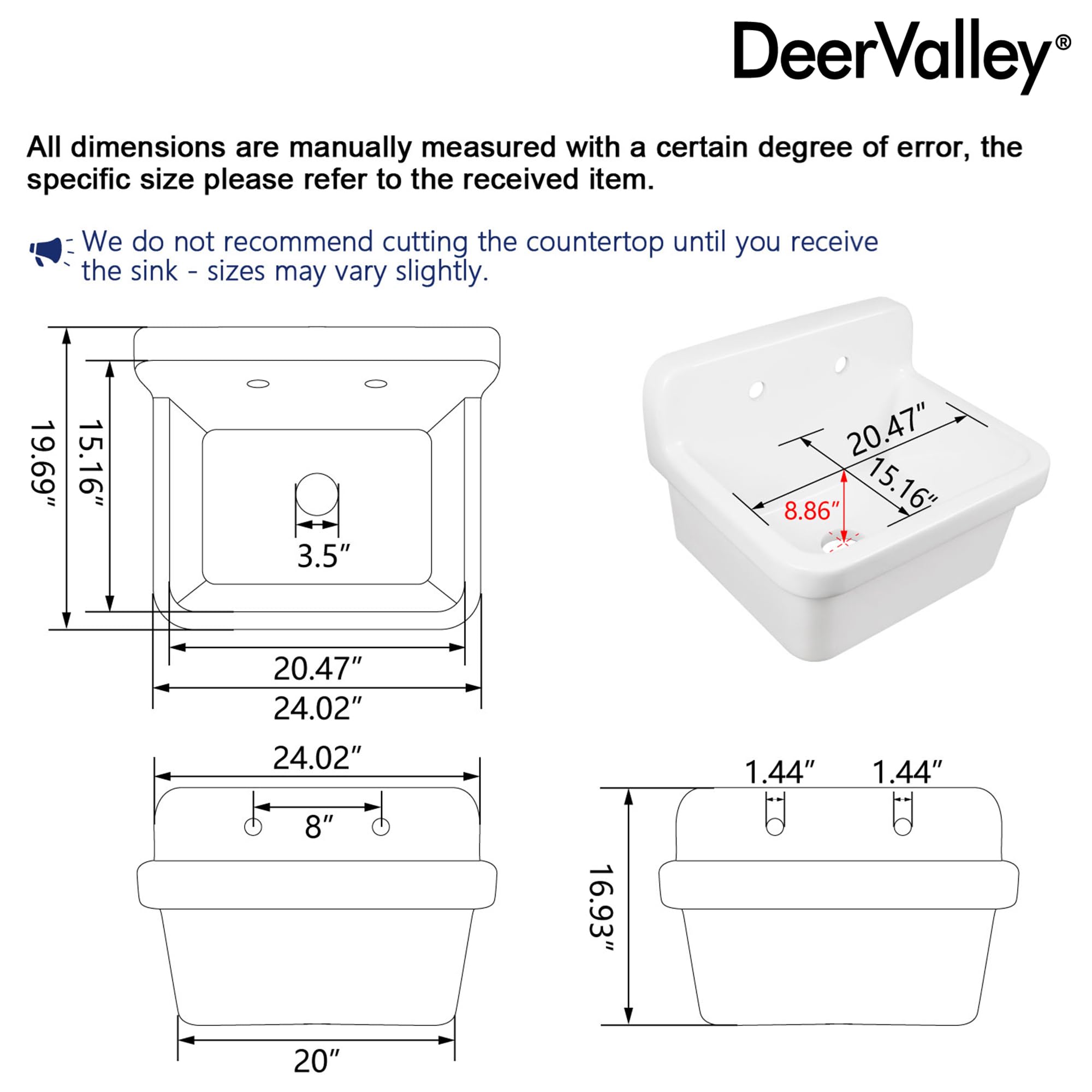 DeerValley DV-1K0137 24 Inch White Fireclay Wall Mounted Kitchen Sink - Durable Ceramic Utility Sink for Laundry Room, Bathroom & Basement | Perfect for Small Spaces & Heavy-Duty Cleaning