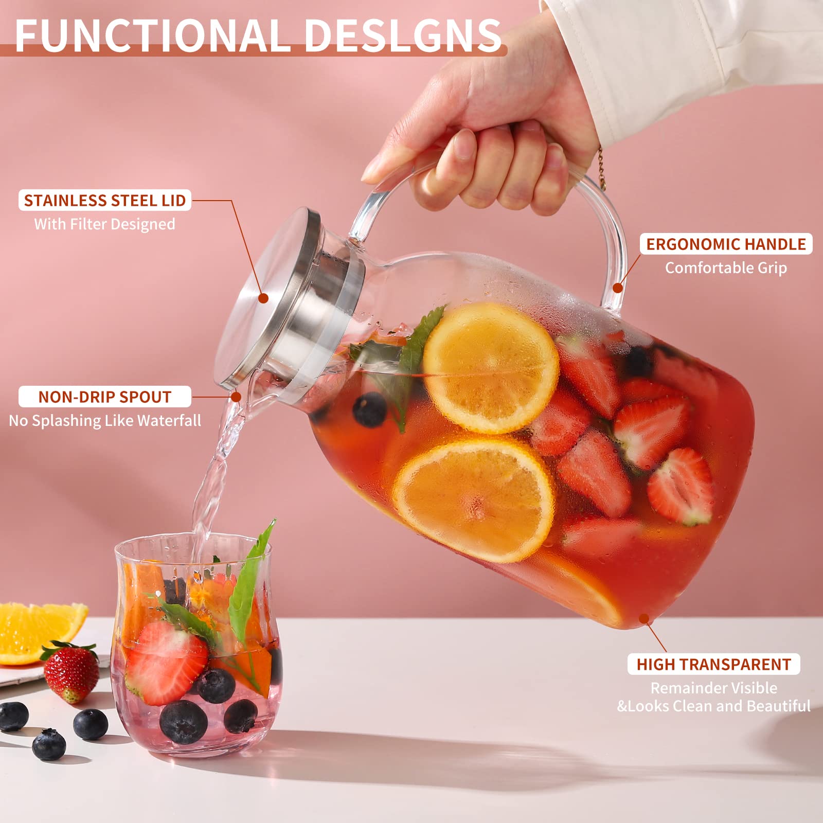 75oz Glass Pitcher with Lid & Free Brush - Heat Resistant Water Pitcher with Spout - Iced Tea, Juice & Beverage Carafe - Perfect for Fridge Storage & Entertaining - BPA-Free Large Capacity Pitcher for Lemonade, Cocktails & Party Drinks